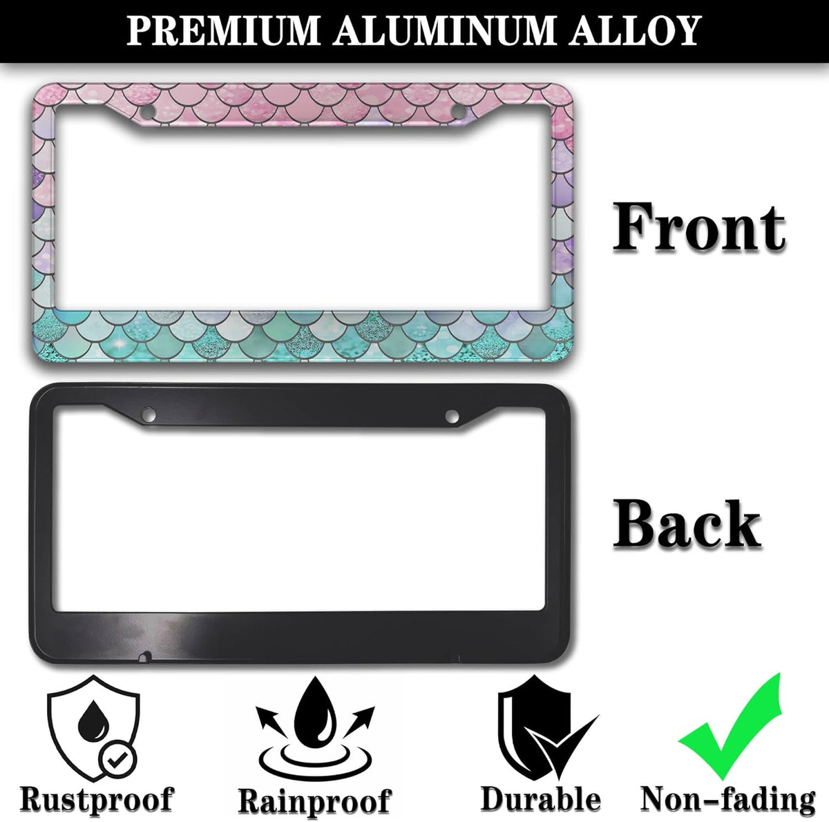 License Plate Frame Holder Pink License Plate Frames for Women Ombre Mermaid Scales Women Aluminum Metal Car Accessory 2 Pack with Screw Covers Set