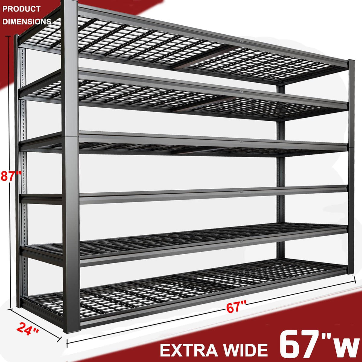 67" W Garage Shelving Heavy Duty, Adjustable 6 Tier Metal Shelves, Commercial Metal Shelf Rack, Industrial Shelving