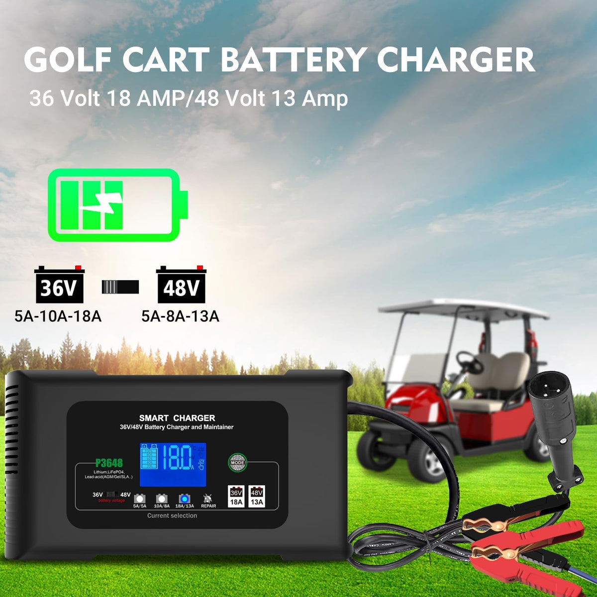 Golf cart Battery Charger, 48V 13A and 36V 18A Trickle Charger,48 Volt cart Golf Charger,for 48 Volt Club Golf Car,Lithium,LiFePO4,Lead-Acid AGM/Gel/SLA..Battery Chargers,3 Pin Round Plug