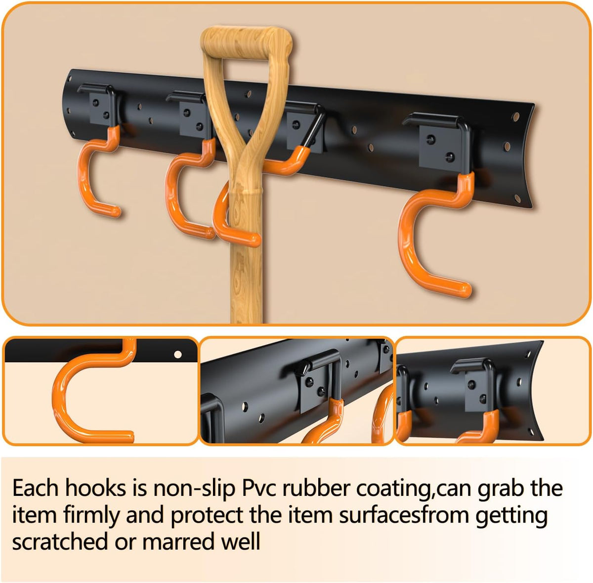 3-H 6×16" All Metal Garden Tool Organizer Wall Mount, Broom Holder Wall Mount for Garage, Shed, Garden, Basement Hanging and Organizing Rake, Mop, Shovel, Hose (6Pack)