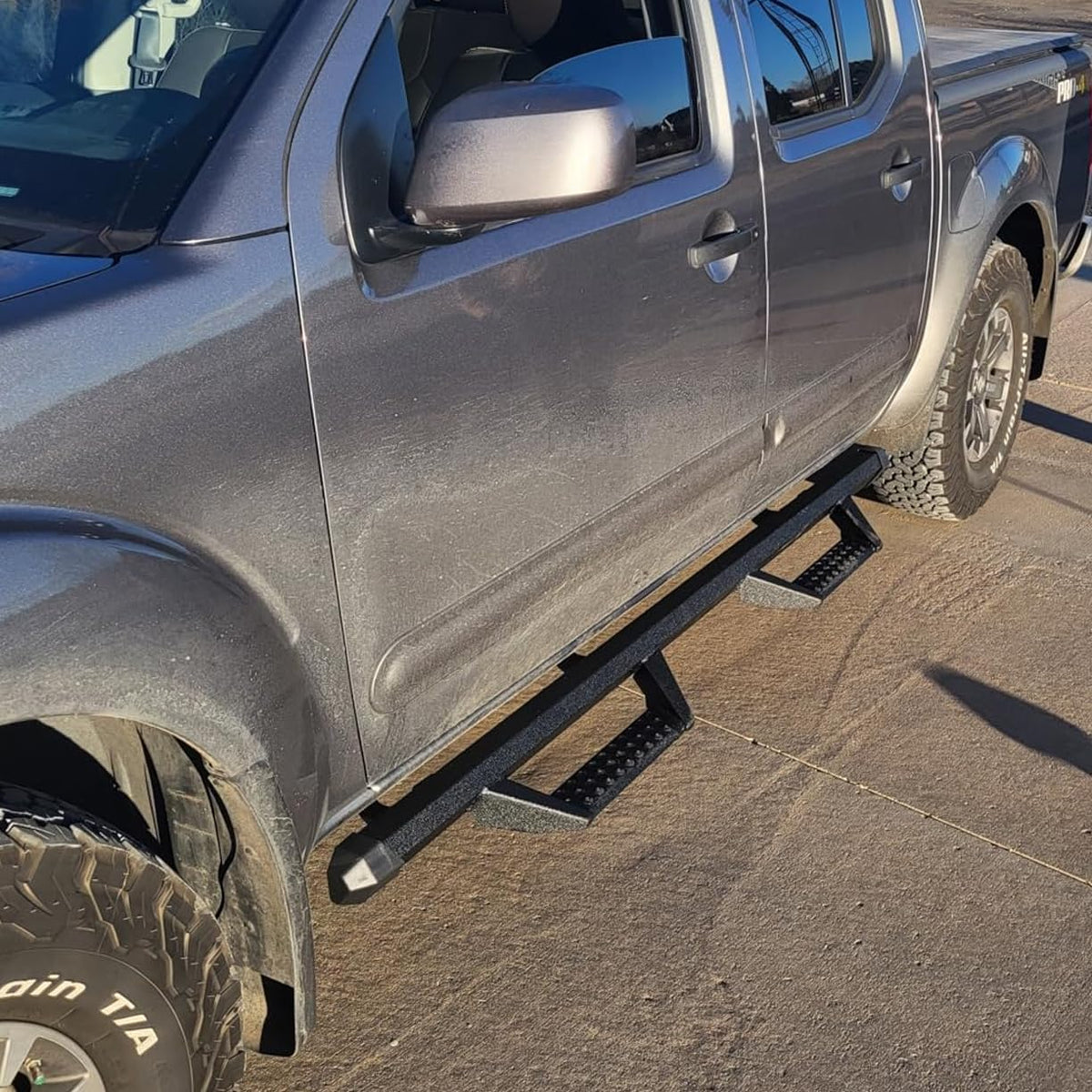 Running Boards Side Steps Compatible for Vehicle 2004-2023 Nissan Titan Crew Cab & 2016-2023 Titan XD Crew Cab. Dual-Stage Textured Black Powder Nerf Bars Step Rails. (BCKA85515-C)