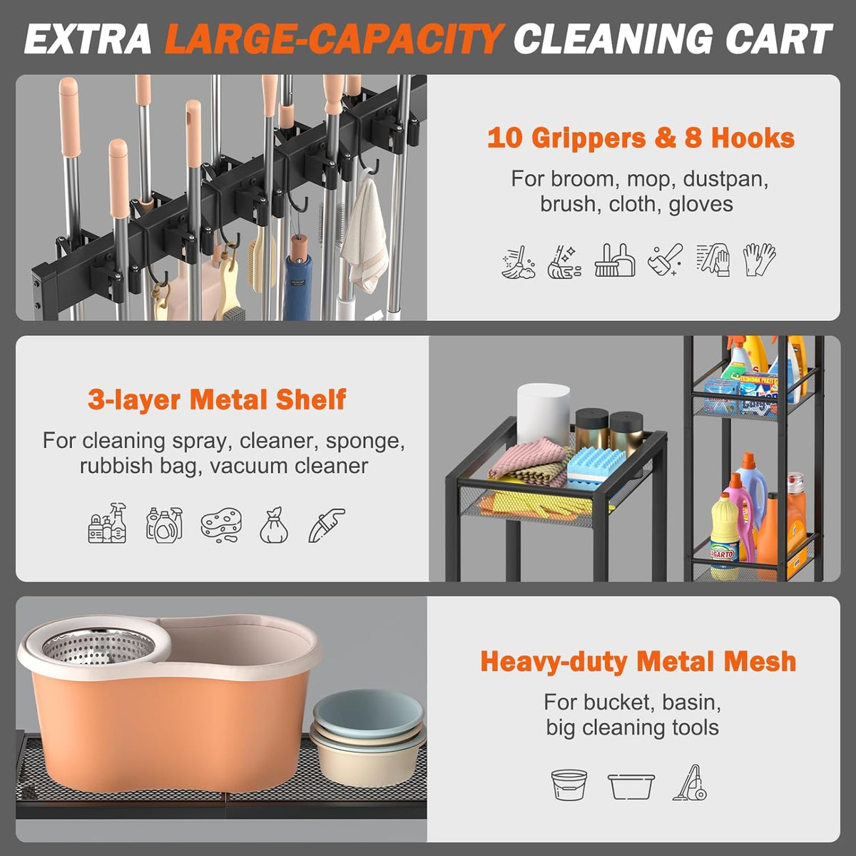 Broom Holder with Cleaning Supplies Organizer, Broom Closet Storage Cabinet with Cleaning Caddy, Cleaning Cart with Mop Hanger Gripper Rack Hooks,Janitorial Housekeeping cart,Laundry Room Organization