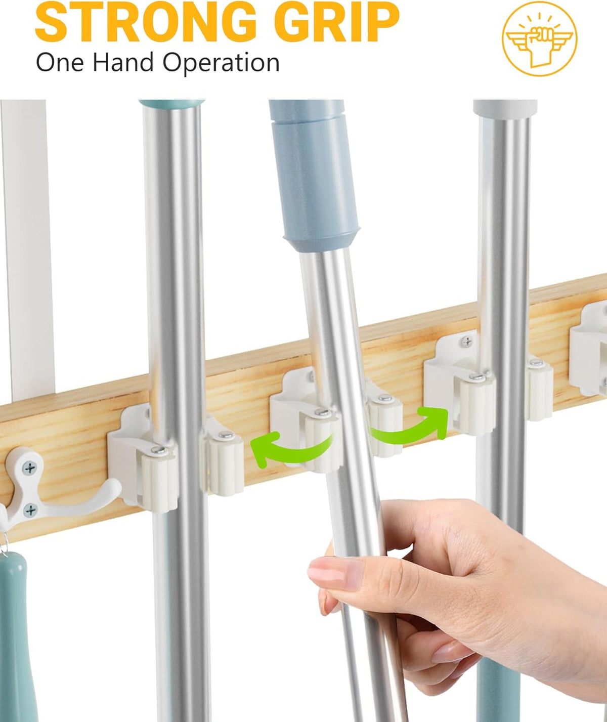 Lorbro Broom Holder Door Mount, Over the Door Broom and Mop Holder with 2 Over Door Hooks, Wood Broom Hanger, Tool Rack Organizer for Laundry, Garage, Closet, Kitchen Decor, 4 Slots & 4 Hooks Rustic