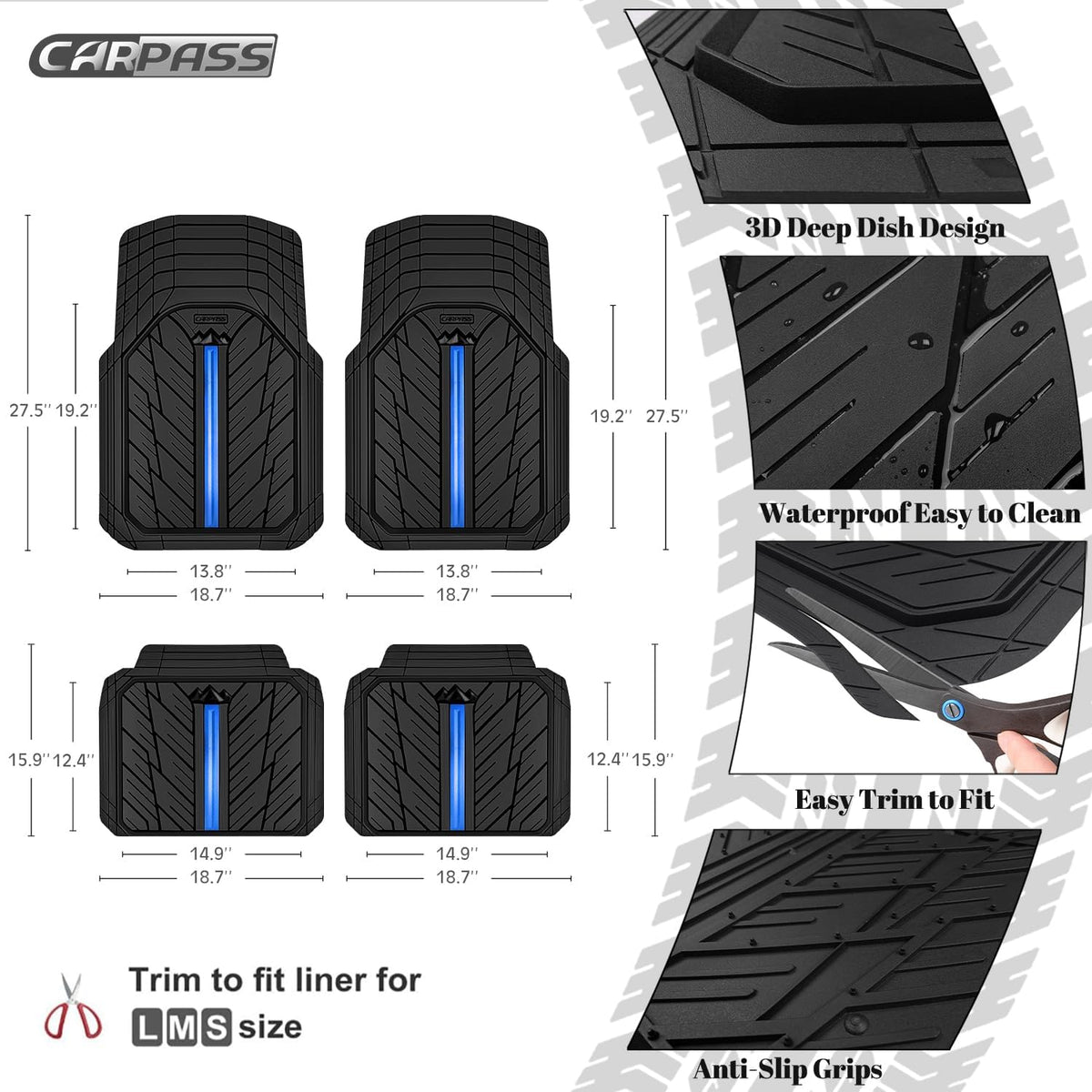 CAR PASS Metal Medium Rubber Floor Mats for Car Heavy Duty Car Mats All Weather, Universal Trim to Fit for Truck SUV Vehicle Automotive Floor Mats, Waterproof Car Mats 4 Piece Black Bule