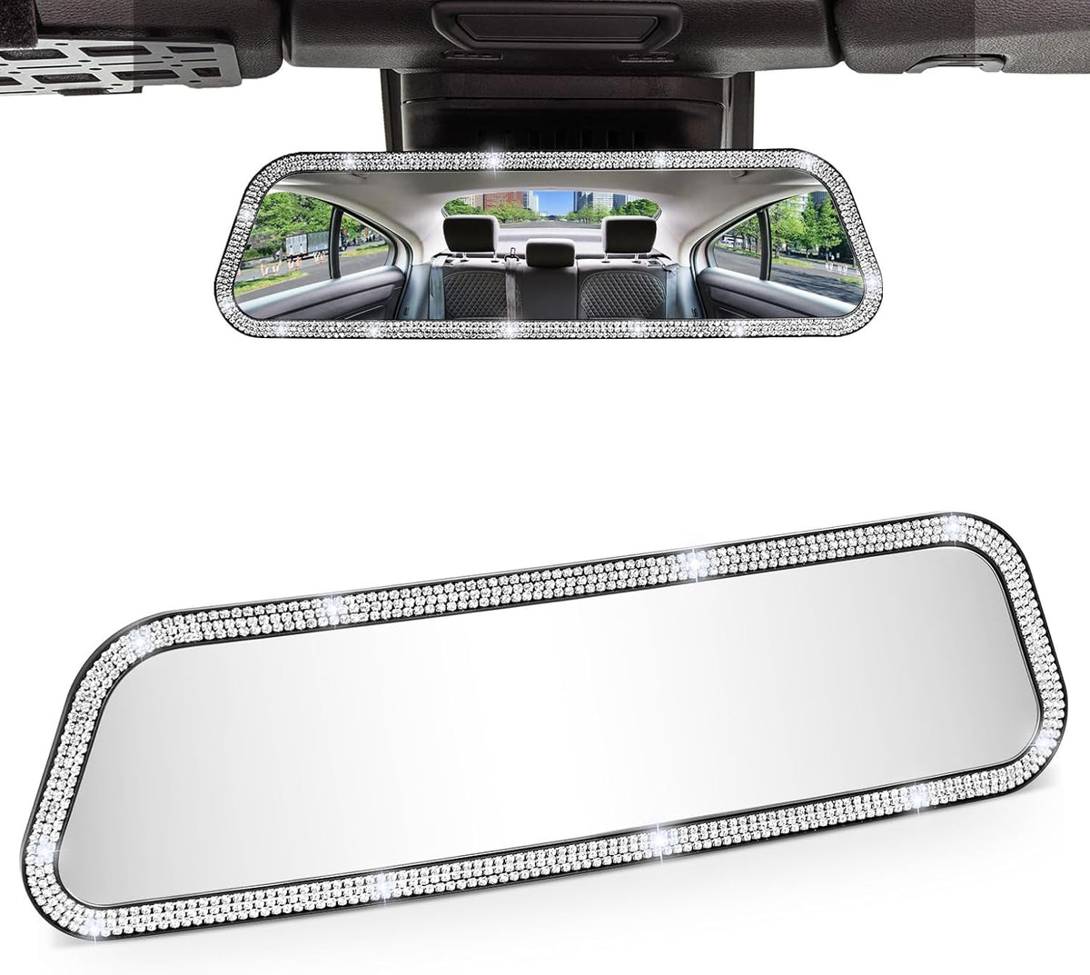 JOYTUTUS Rearvie Mirror, 12 Inch Panoramic Interior Clip-on Wide Angle Convex Rear View Mirror with Bling Rhinestones Diamonds Edge, Effectively to Reduce Blind Spot, Universal for SUV Trucks -White