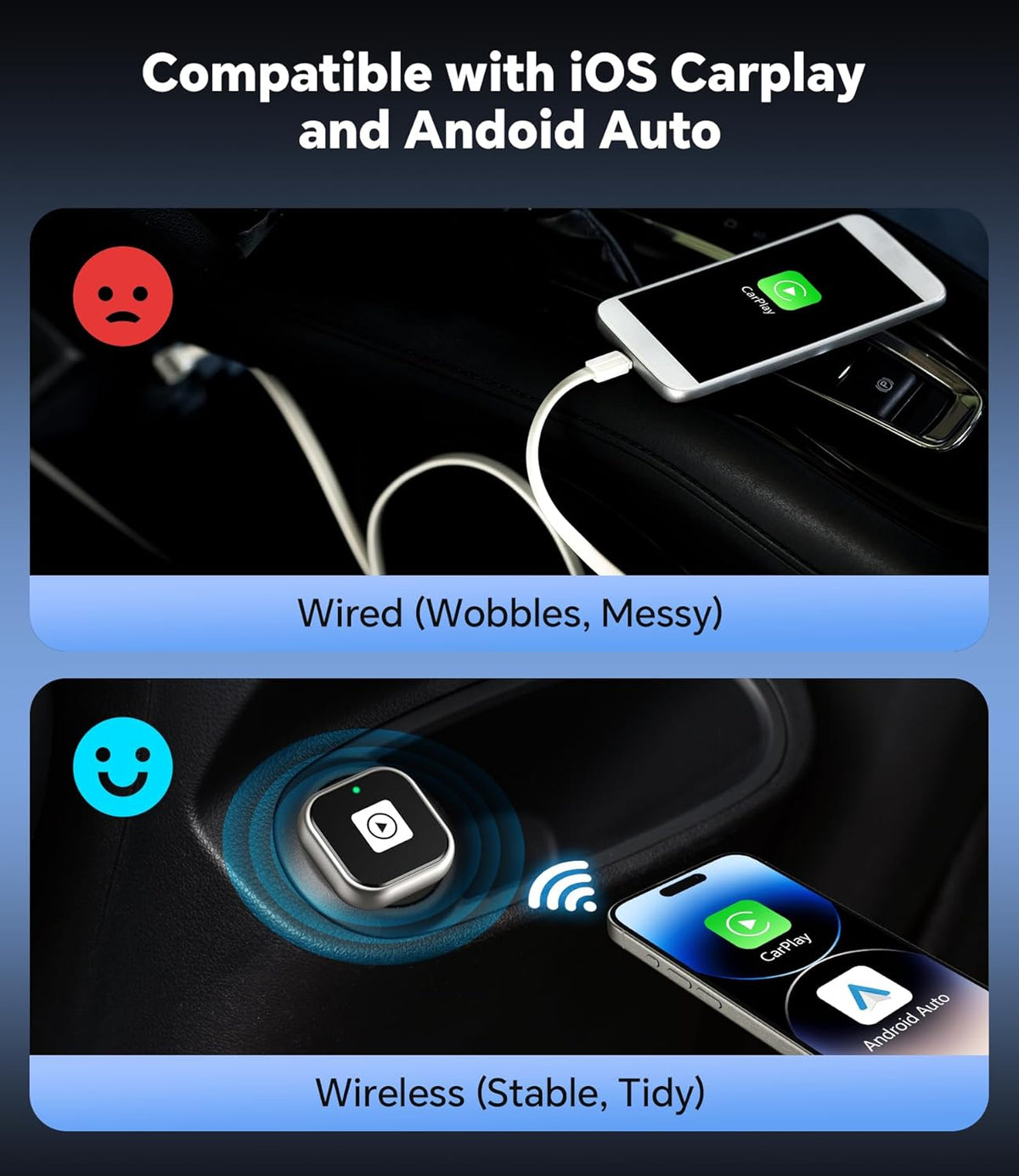 ENOMIR Wireless CarPlay Adapter 2025 Upgrade, Plug & Play CarPlay Adapter Wired to Wireless, Mini USB Design, Fast Auto-Connect, No Delay, Compact Design for iPhone & Android, Matte Silver
