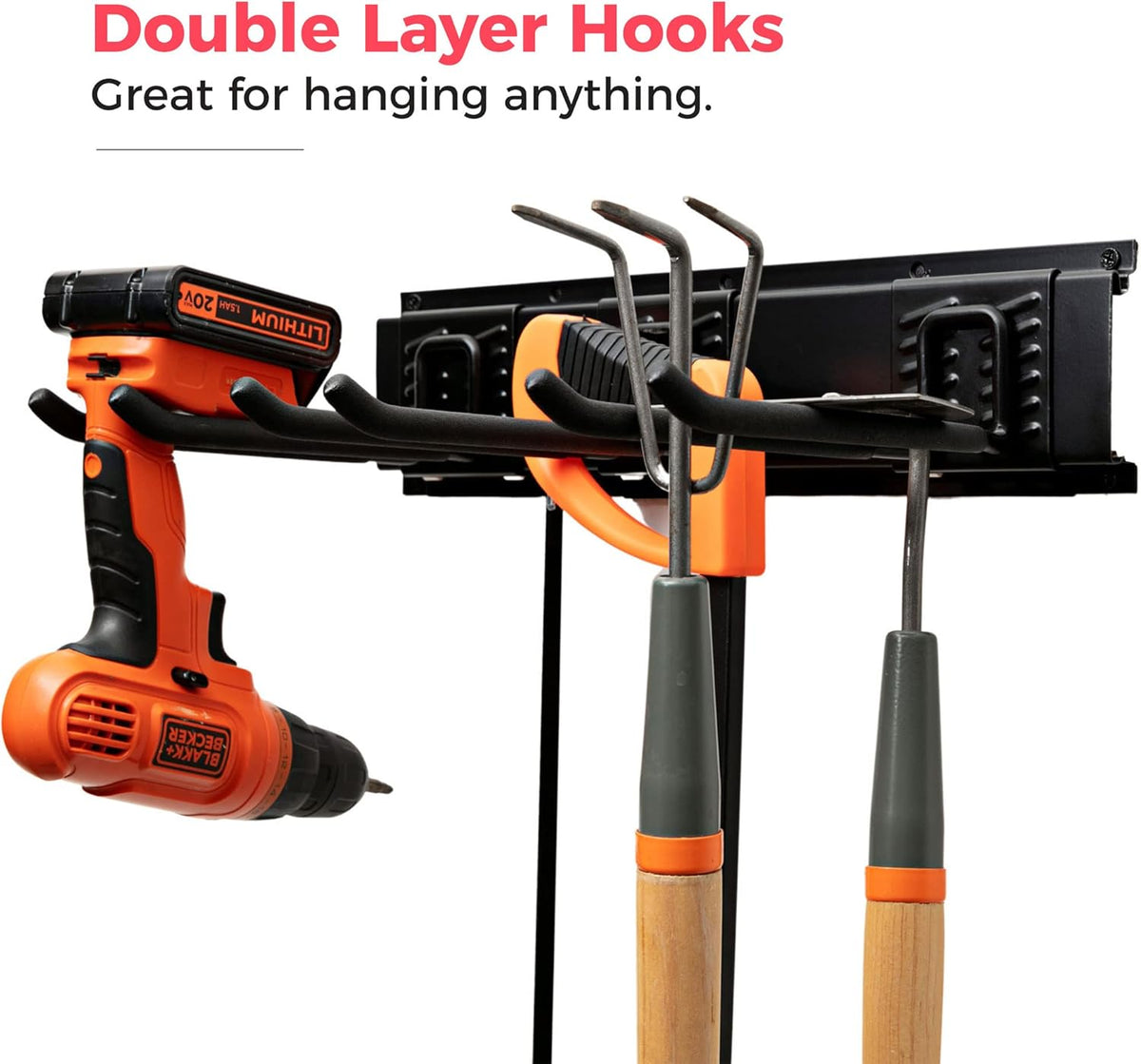 Garage Wall Organizer | 51" Heavy-Duty Tool Storage Rack | Adjustable Double-Layer Hooks | 320 lbs Capacity | Carbon Steel Wall Mount Holder for Shovels, Rakes, Ladders & Power Tools