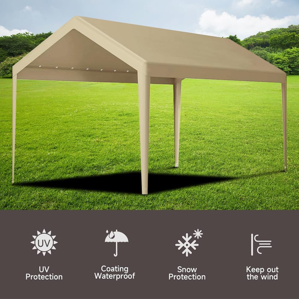 Rutile 10 x 20 FT Carport Replacement Cover, Heavy Duty Car Tarp Canopy Tent Garage Top Shelter Cover with Fabric Leg Pole Skirts and Ball Bungees Beige (Only Top Cover, Frame is not Included)