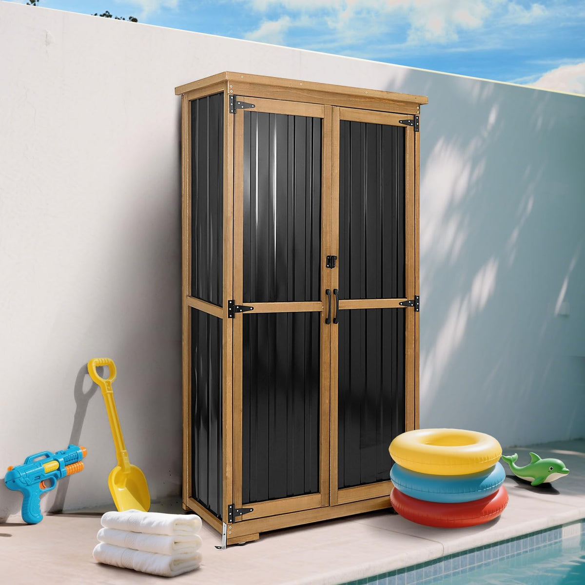 Outdoor Storage Cabinet Waterproof with Shelves, Outside Cabinets Weatherproof, Patio Backyard Pool Garden Garage Storage Cabinet Storage Shed Tool Organizer