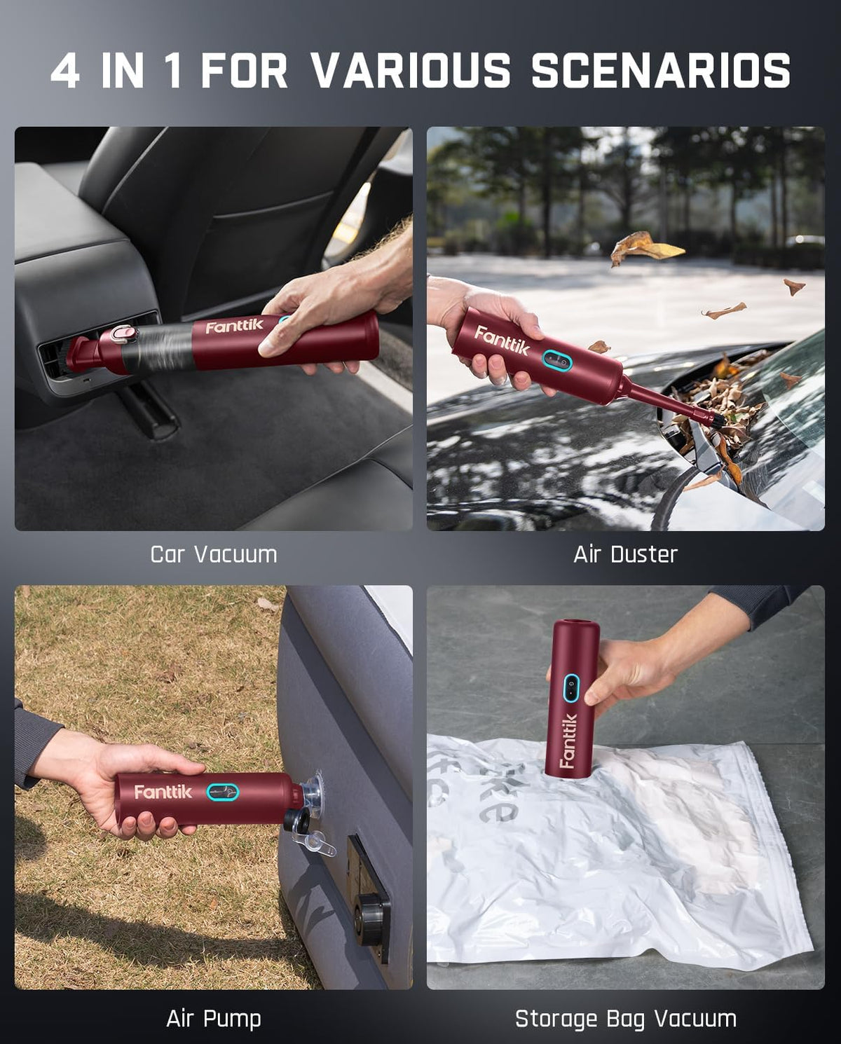Fanttik Slim V8 APEX Car Vacuum, 4-in-1 Portable Mini Cordless Vacuum with 19000pa Suction Power, Type-C Charge, 2 Suction Modes, Handheld Vacuum for Car, Office Desk, Keyboards (Red)