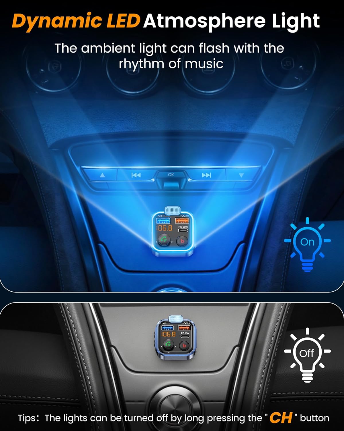LENCENT FM Transmitter in-Car Adapter, Type-C PD 20W+ QC3.0 Fast USB Charger, Wireless Bluetooth 5.3 Radio Car Kit, Hands-Free Calling, MP3 Player Receiver Hi Fi Bass, Support U Disk