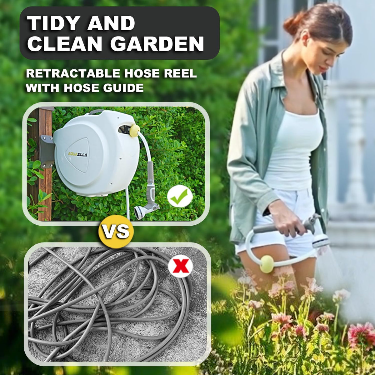 Retractable Garden Hose Reel, 5/8 in 100+6 ft, Heavy Duty Wall Mounted Water Hose Reel, Spring Power Automatic Rewind, Any Length Lock, 180° Swivel Bracket, 10 Pattern Spray Nozzle