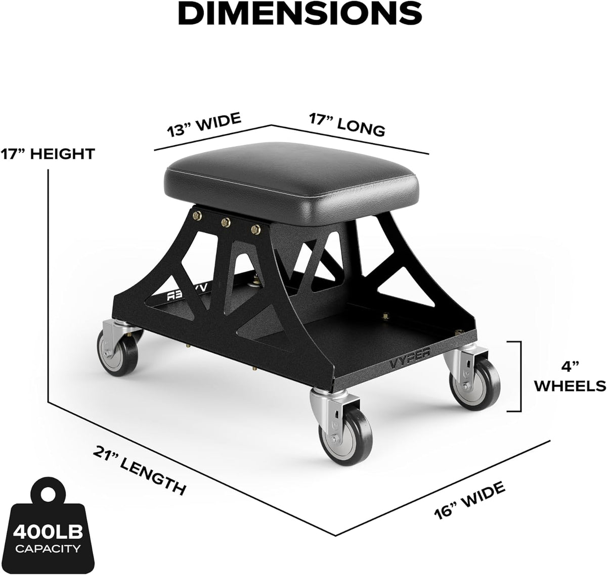 Vyper Low Pro Garage Stool with Removable Seat for Mechanics, Automotive, DIY - 400 lb Capacity Rolling Shop Chair (Black Seat, Red Frame)