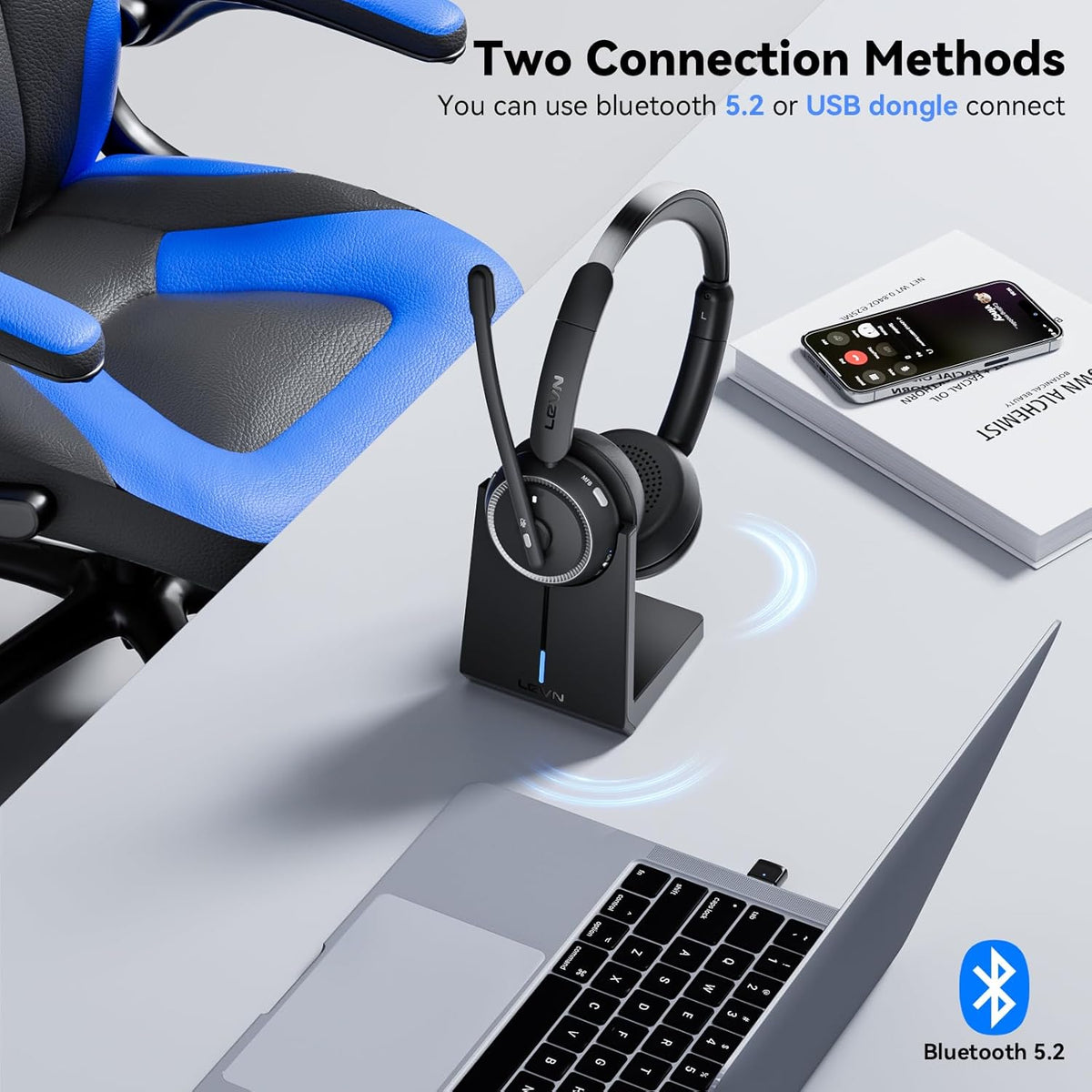 Wireless Headset with Mic for Work, Bluetooth Headset with Microphone (Noise Cancelling & Mute Button), Wireless Headphones with Mic for Work from Home/Office/PC/Call Center/Computer/Laptop/Teams/Zoom