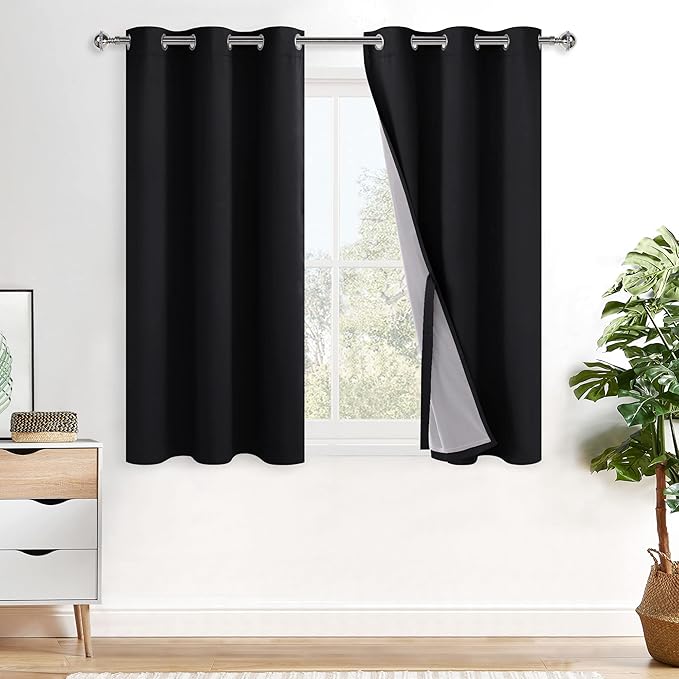 XWZO Black Blackout Curtains 2 Panels with Tiebacks- Heat and Full Light Blocking Window Panels with Grommets for Bedroom/Basement, 54 Inches Long Thermal Insulated Draperies, W38 x L54, Set of 2
