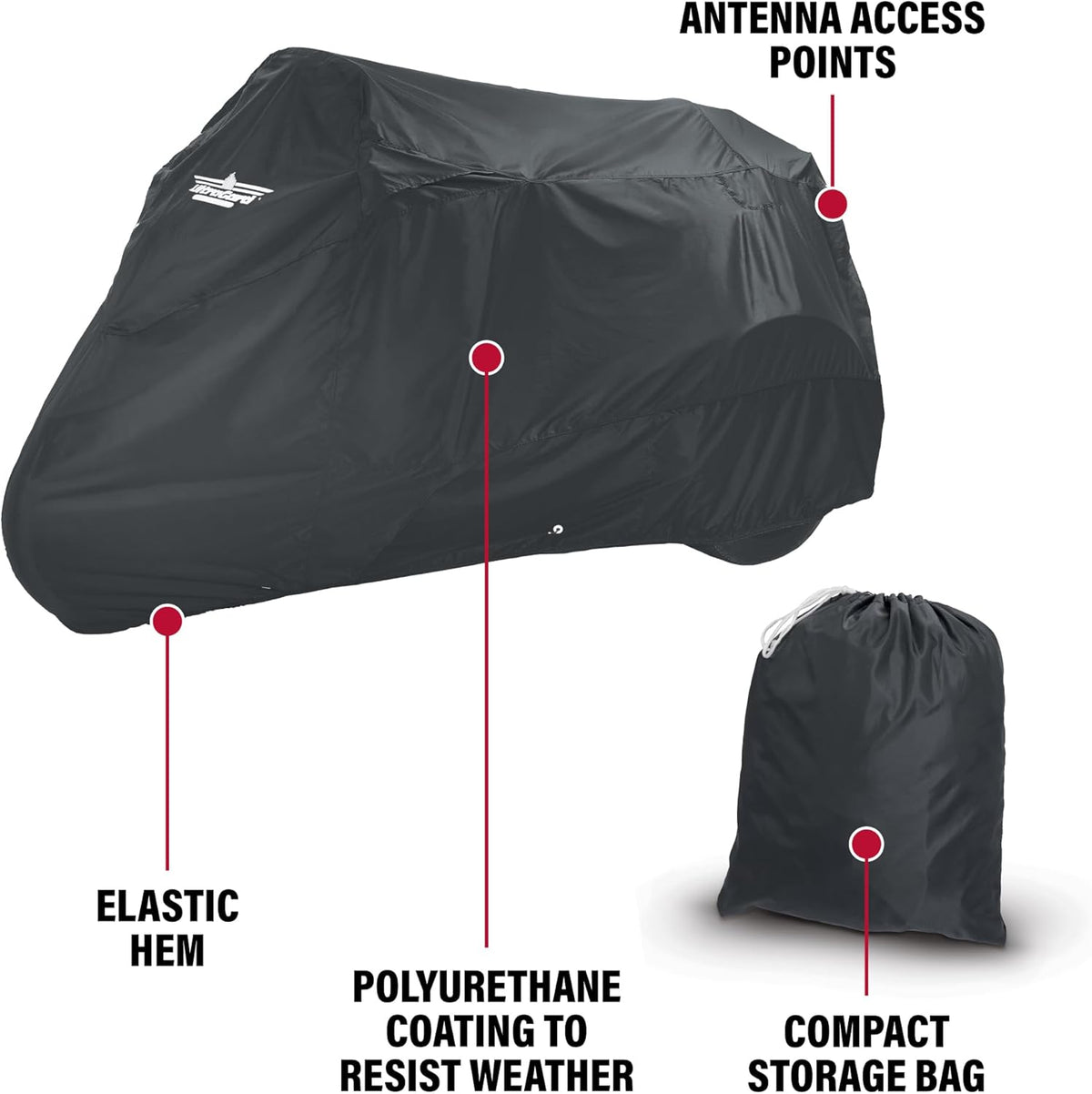 Motorcycle Trike Cover - Weather-Resistant with Elastic Hem, Rustproof Grommets, Storage Bag, Windshield Liner, Antenna Flaps & Expandable Windshield Pockets