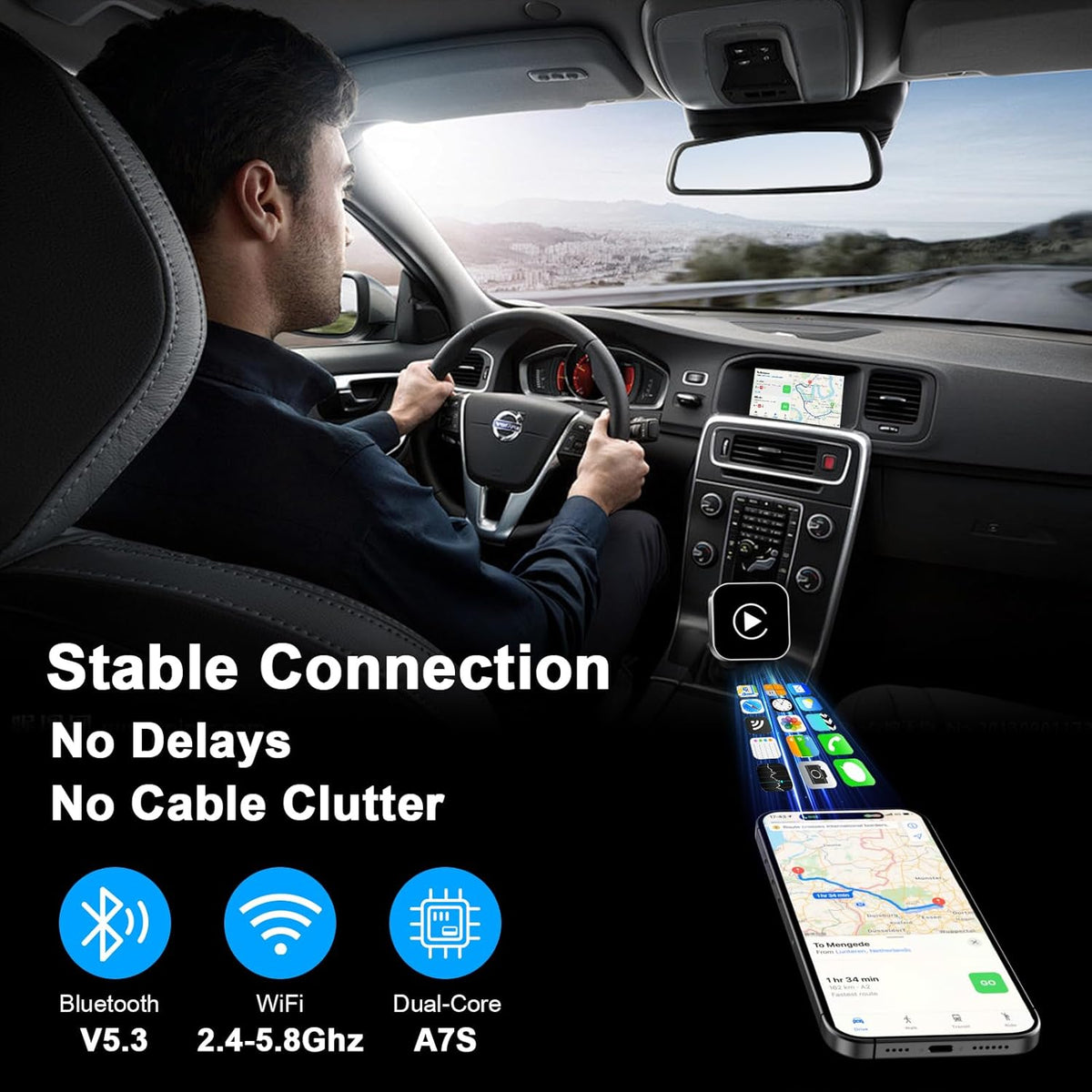 Wireless CarPlay Adapter for iPhone, 2025 Upgrade Convert Wired to Wireless Apple CarPlay Adapter, Mini Size USB Design for Cars with USB-A & Type-C Extension Cables, Stable Control, Plug and Play