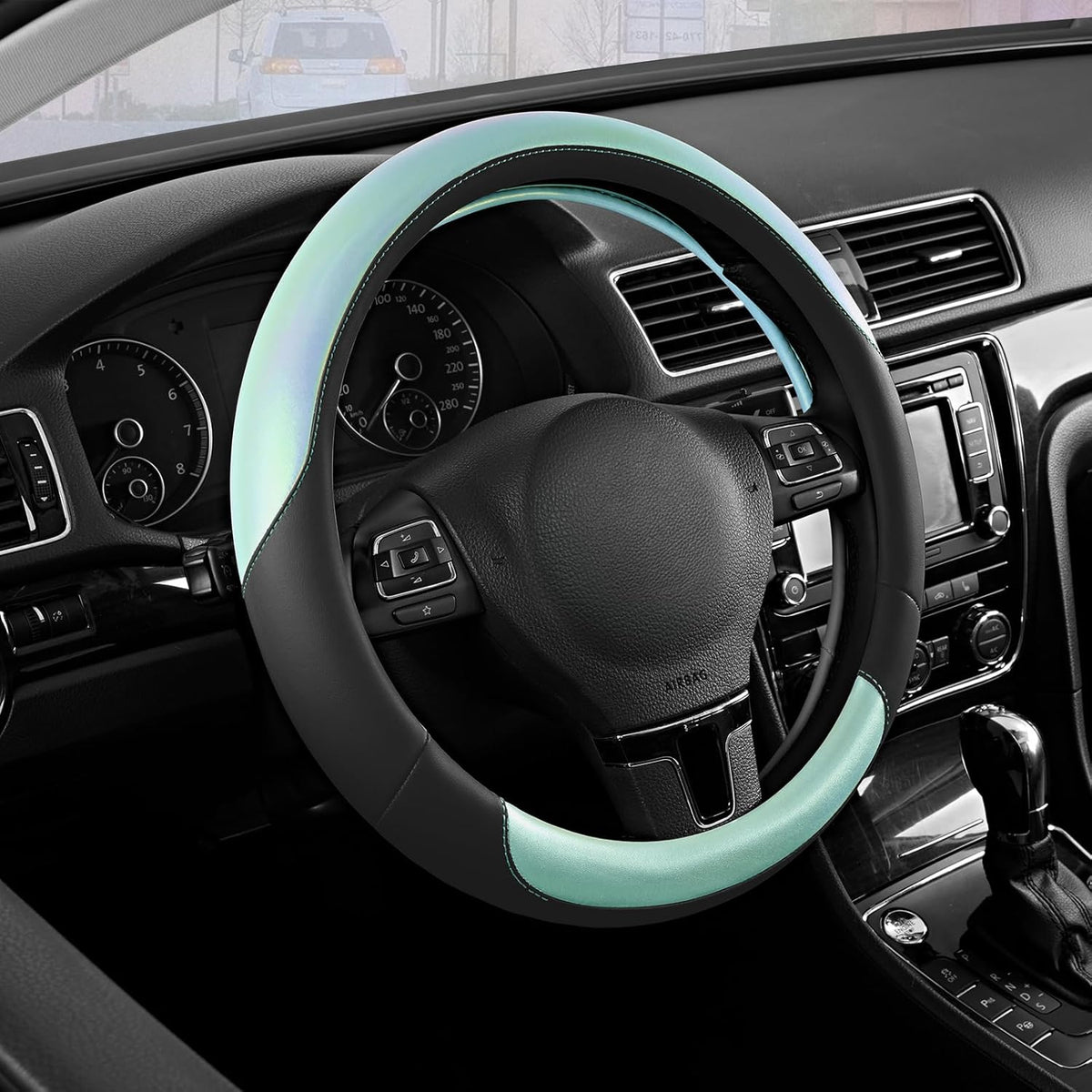 Road Comforts Steering Wheel Cover – Breathable Leather Steering Wheel Cover, Anti-Slip Grip, Universal Fit 14.5” to 15”, Heat & Cold Resistant for Cars, SUVs, and Trucks – Black & Light Blue