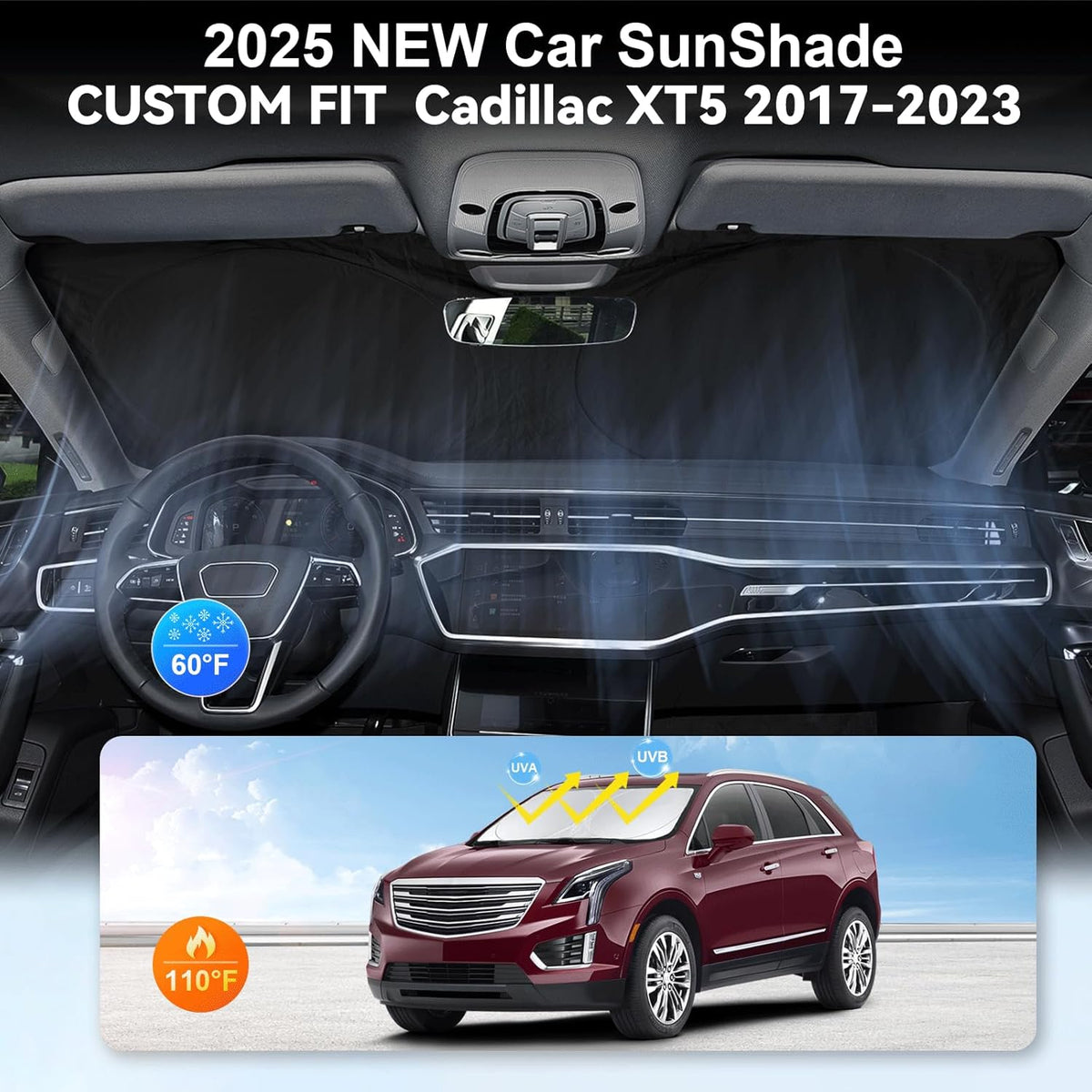 Custom fit Cadillac XT5 Windshield Sunshade for 2017-2023 2024 2025 Cadillac XT5 Accessories Front Window Car Shades Cover for Windshield Sun Visor Screen Protector 210T Reflective Blocks UV Rays