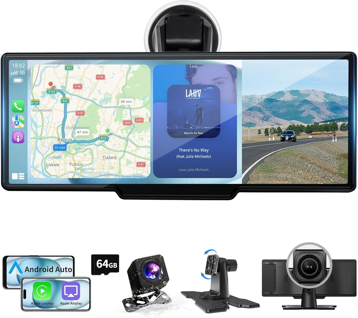 10.26" Wireless Carplay Screen, Portable Car Play & Android Auto Screen, Car Stereo with 4K Dash Cam, HD Touch Screen with 1080P Backup Camera/Mirror Link/Voice Control/GPS/AUX/FM for All Vehicles