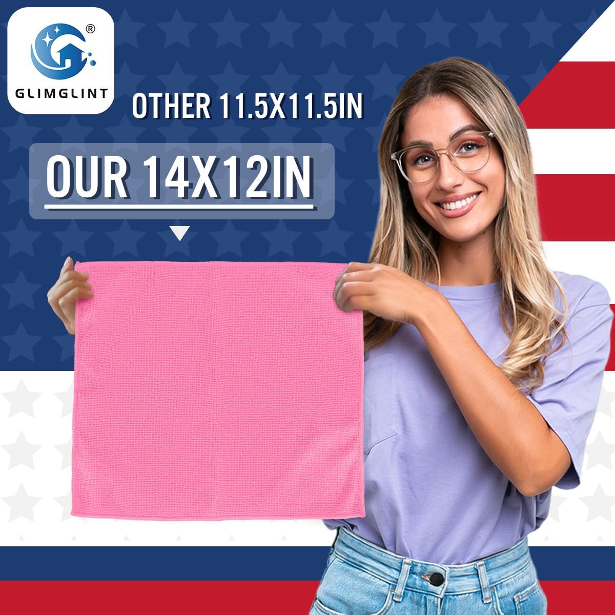 GLIMGLINT Pink Microfiber Cleaning Cloth, 12 Pack Cleaning Towels for Kitchen, Lint Free, Scratch-Free, Highly Absorbent, and Reusable Cleaning Rags for House, Window and Glass, Cars, 14"X12"