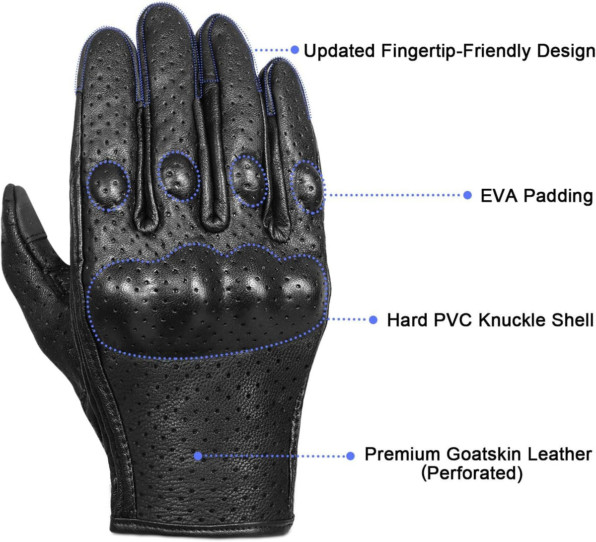 Superbike Full Finger Goat Skin Leather Touch Screen Motorcycle Gloves Men/Women S,M,L,XL,XXL (Perforated, L)