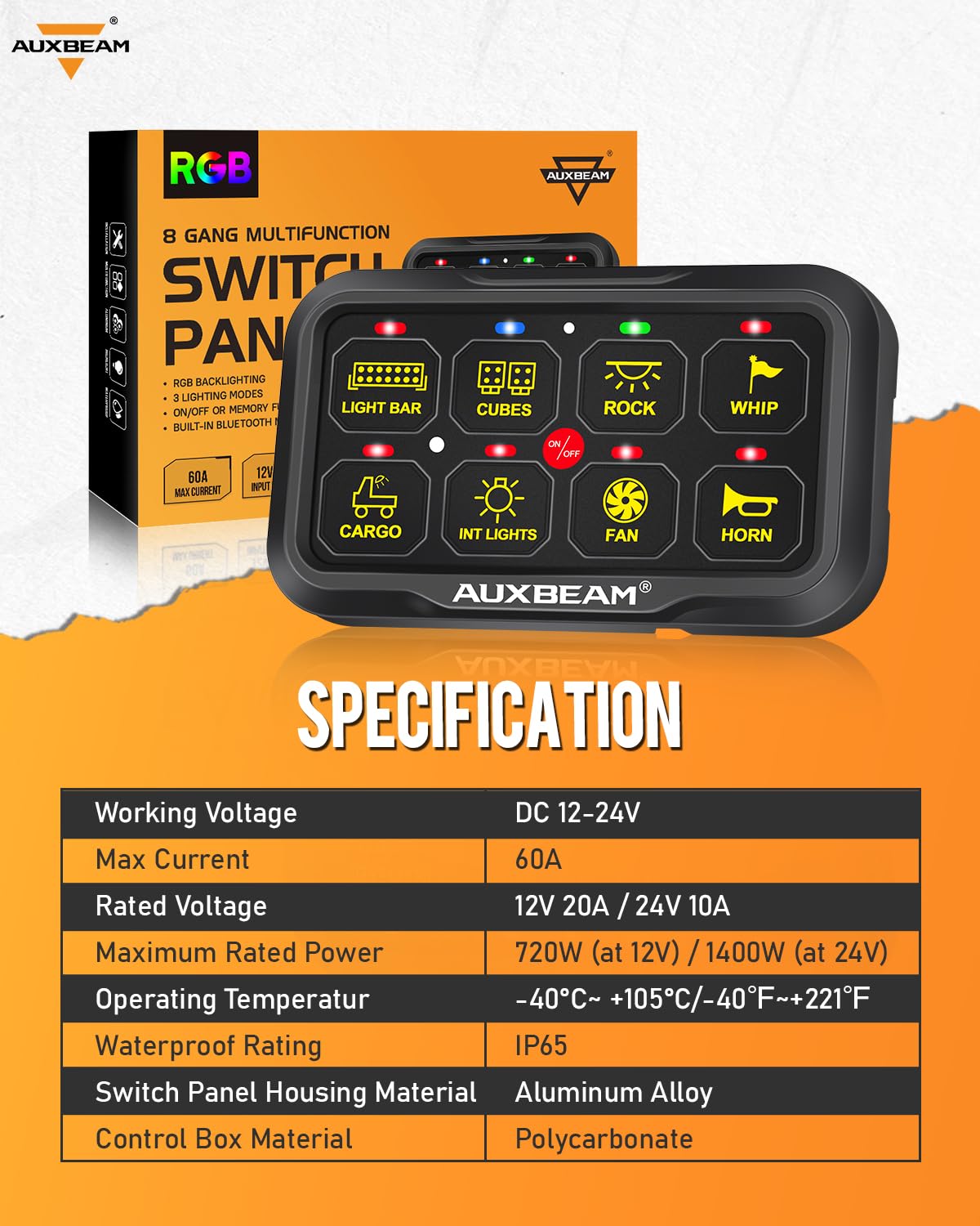 Auxbeam 8 Gang Switch Panel AR-820 Bluetooth RGB Switch Pod Automatic Dimmable Multifunction Switch w/Toggle Momentary Pulsed Control Panel for UTV ATV Truck Car RV Boat Waterproof 2 Years Warranty