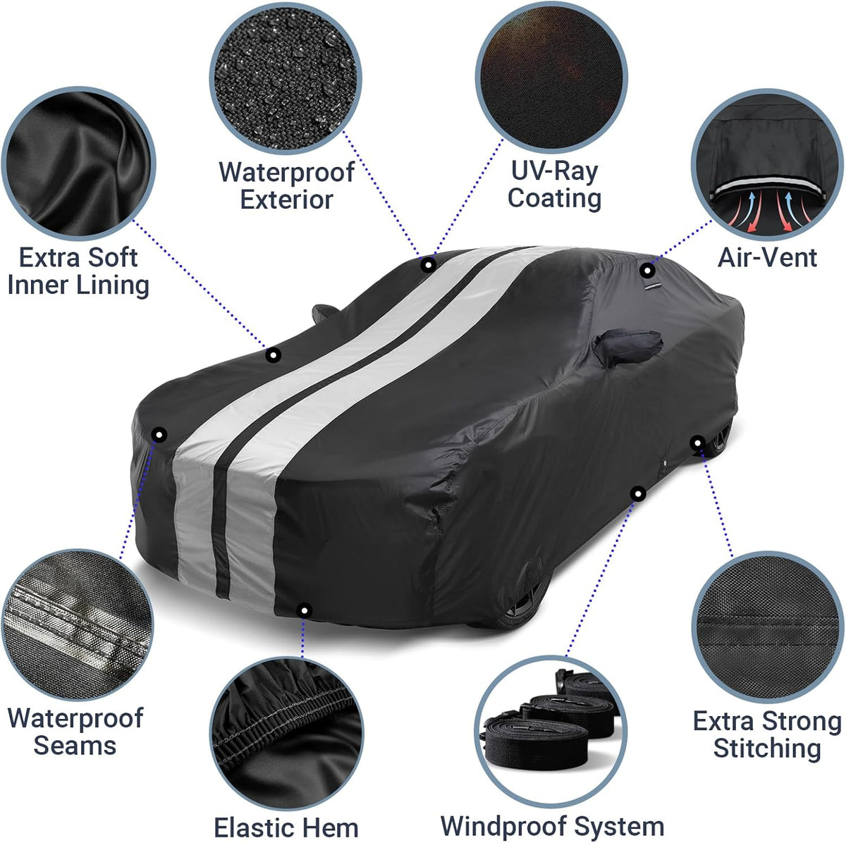 iCarCover Custom Car Cover for Buick Verano (2012-2017) Waterproof All-Weather Rain Snow UV Sun Protector Full Exterior Indoor Outdoor Car Cover (Stripe - Black/Gray)