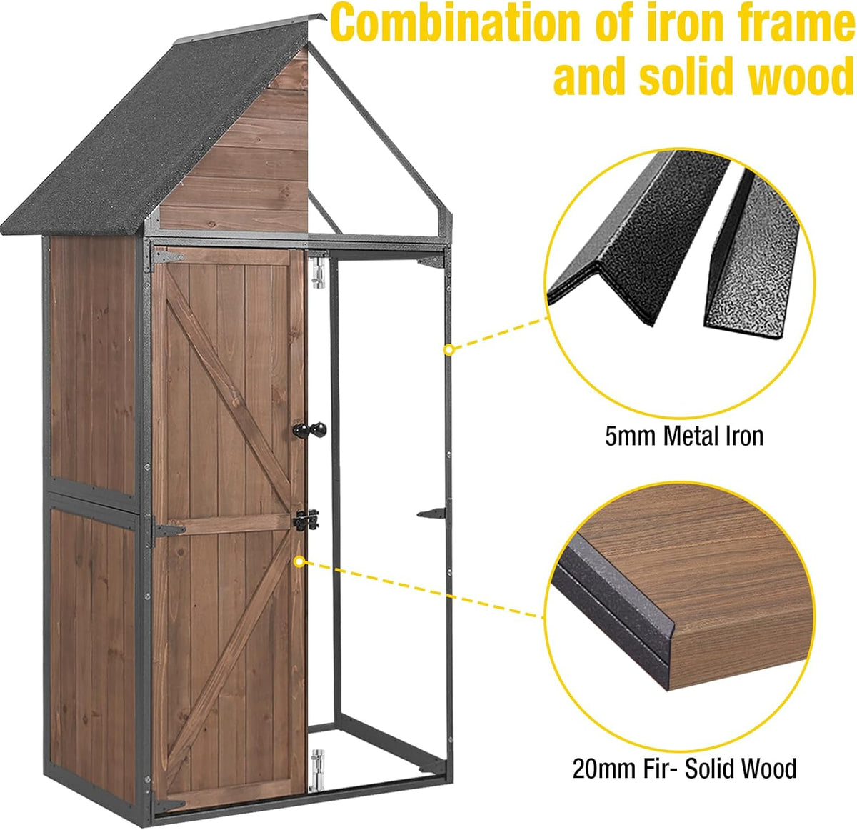 Outdoor Storage Shed,Vertical Wooden Tool Shed with Waterproof Roof,Adjustable 3 Tiers Shelves,Storage Tool Cabinet Box with Metal Frame Sloped Roof for Backyard Garden Patio Lawn (Dark Brown)