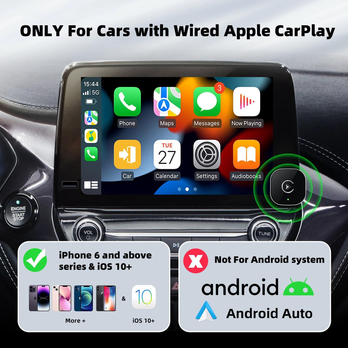 Wireless CarPlay Adapter for iPhone, Mini USB Design for Cars with Wired CarPlay, Fast Connection,5.8GHz WiFi,No Delay, Compatible with iOS 10+ & iPhone 6+, USB/Type C,Plug and Play (Black)