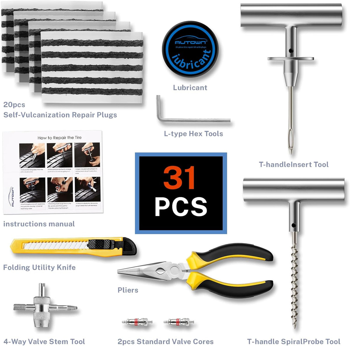 Flat Tire Repair Kit with Plugs 31 Pcs for Car, Motorcycle, ATV, Jeep, Truck, Tractor Flat Tire Puncture Repair