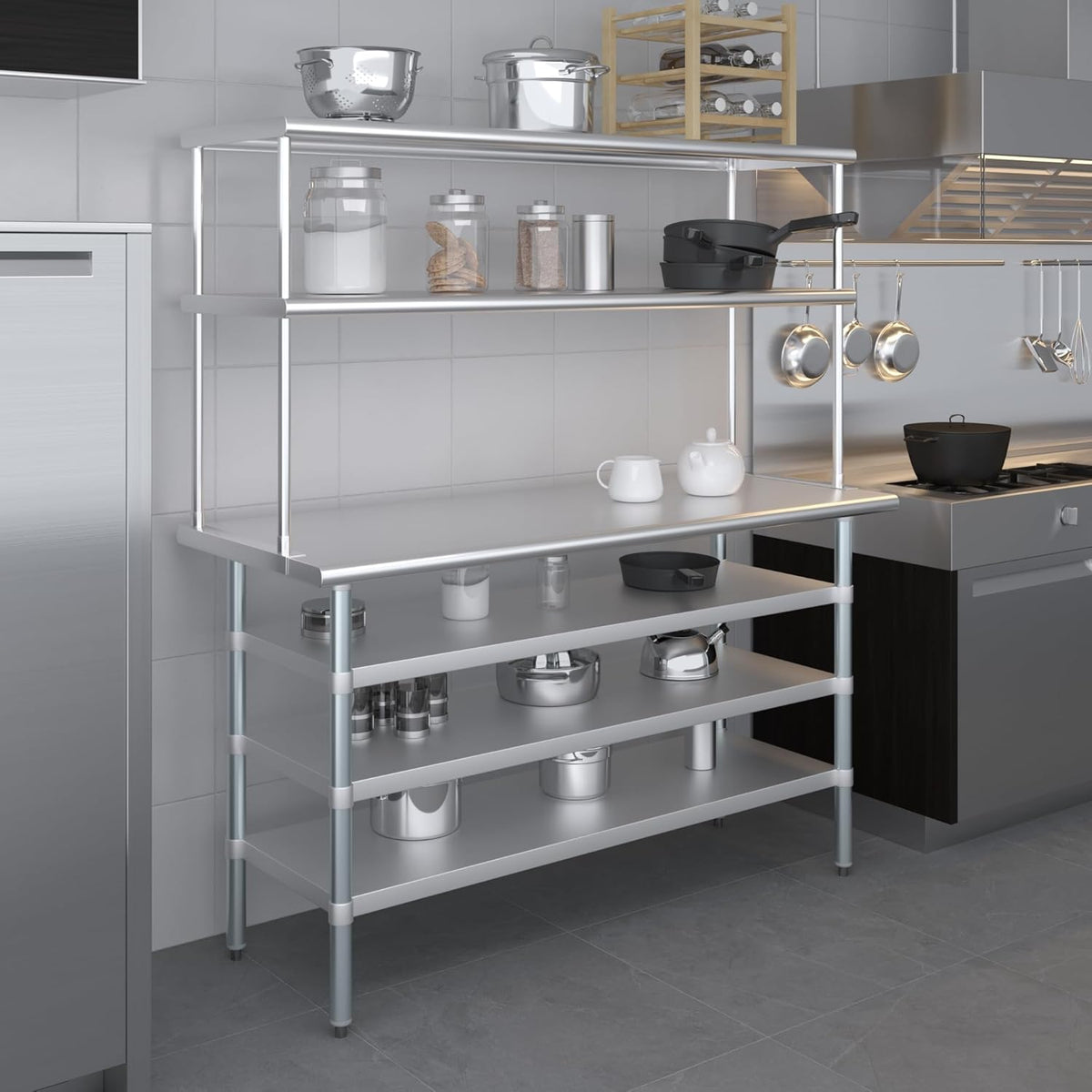 Amgood 24" x 60" Stainless Steel Work Table with 3 Shelves and 18" Wide Double Tier Overshelf | Metal Kitchen Prep Table & Shelving Combo | NSF