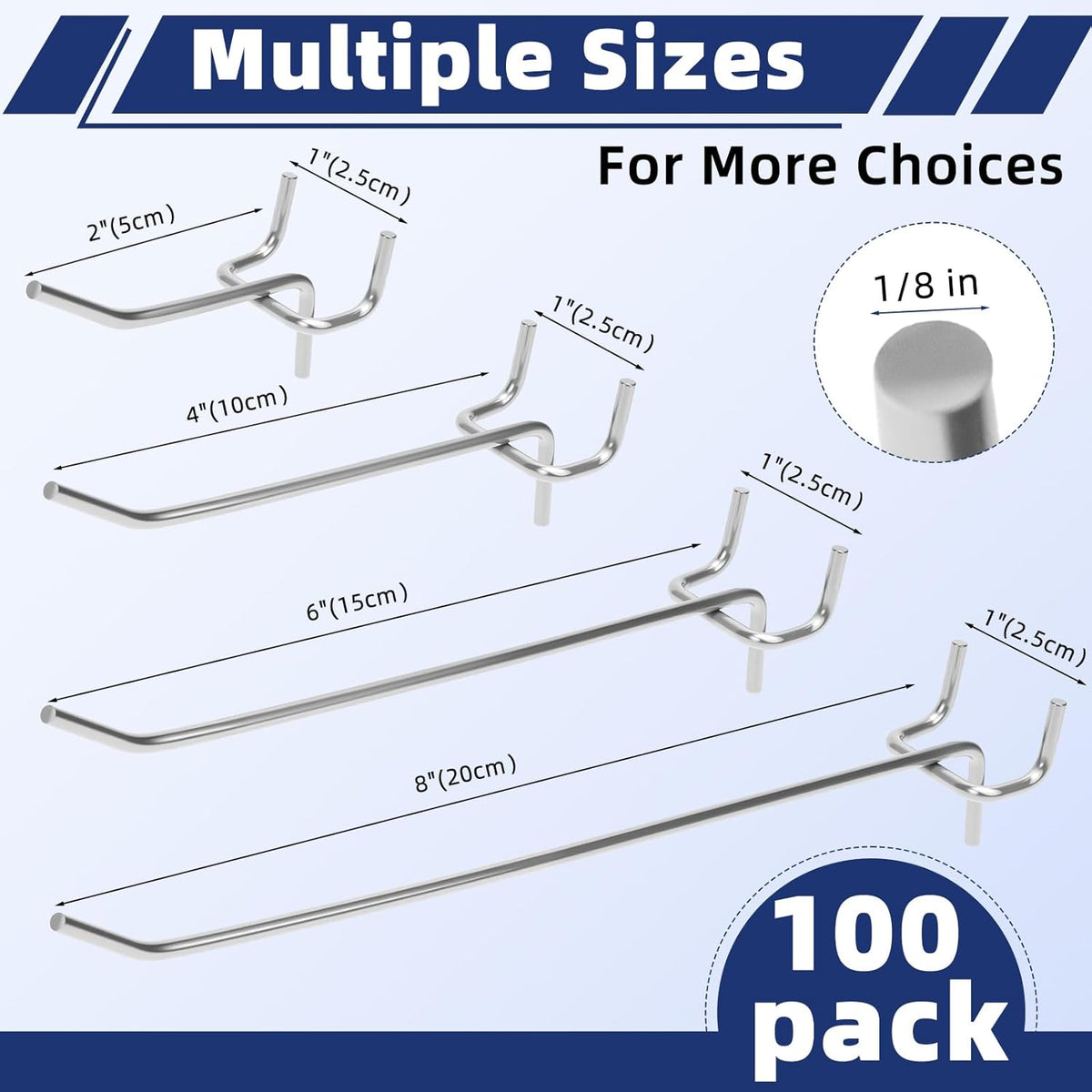 100 Pack Pegboard Hooks Heavy Duty 2 4 6 Inch Pegboard Hooks 1/8 Stainless Steel Peg Board Shelving Hanging Tool Pegs Organizer Accessories Kit for Garage Kitchen Store Craft Organizing Wall Storage