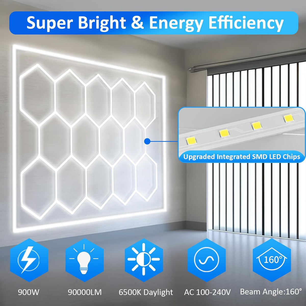 tewei Hexagon LED Garage Lights with Rectangle Frame, 900W 90000LM 6500K, Ultra-Bright Hexagon LED Shop Lights for Garage, 14 Grids Hex Ceiling Light for Workshop, Warehouse, Gym, Car Detailing Shop