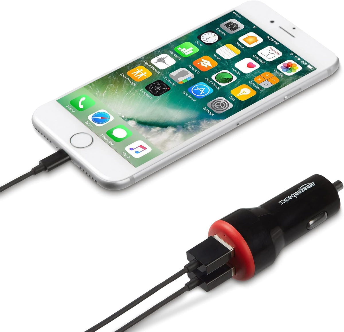 Amazon Basics 24W 2-port USB-A Car Charger for Phones (iPhone 16/15/14/13/12/11/X, Samsung, and more), non-PPS, Black/Red