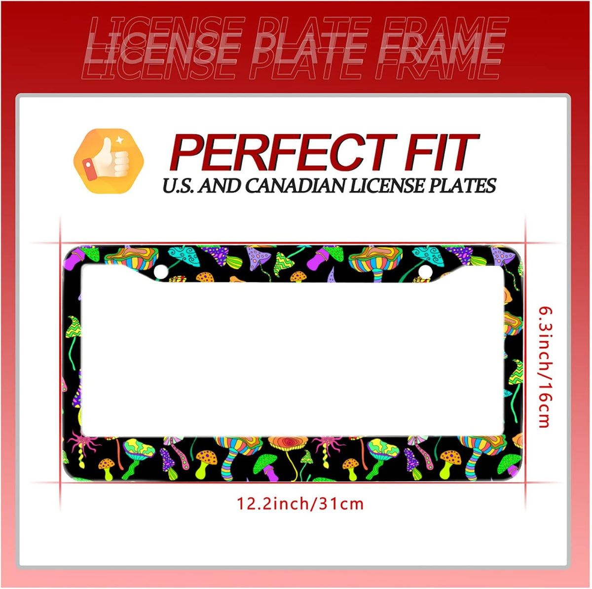 Personalise Colorful Mushrooms License Plate Frames Funny License Plate Frame Car Universal Stainless Steel Accessories Cars Decor with 2 Holes and Screws Fits Standard US Vehicles Size 12.2 x 6 Inch