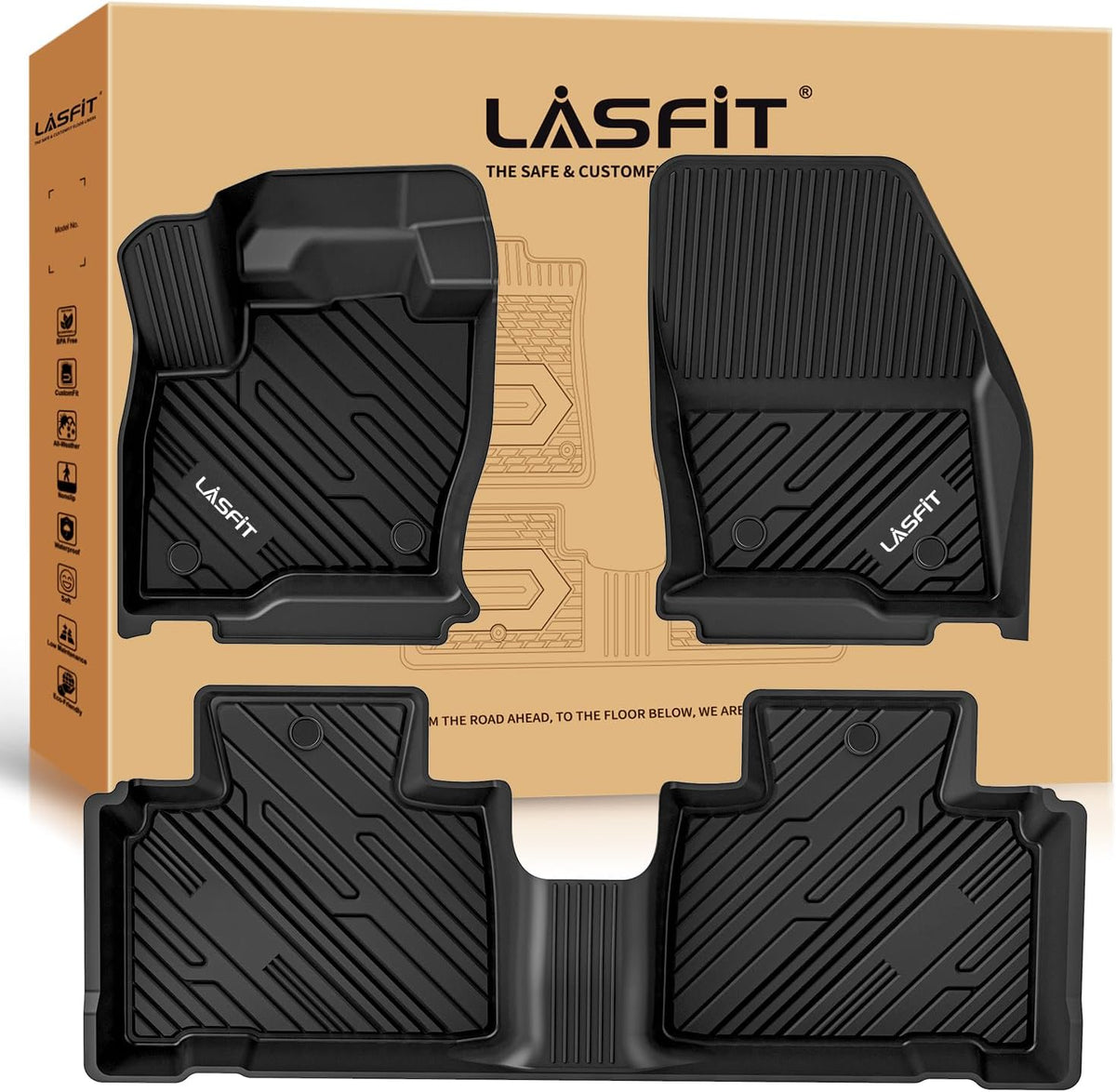 LASFIT Floor Mats for Ford Edge 2015-2024 SE/SEL/SEL Plus/Sport/ST/ST-Line/Titanium, Custom Fit TPE Car Floor Liners, 1st & 2nd Row All Weather Protector, 3pcs Black