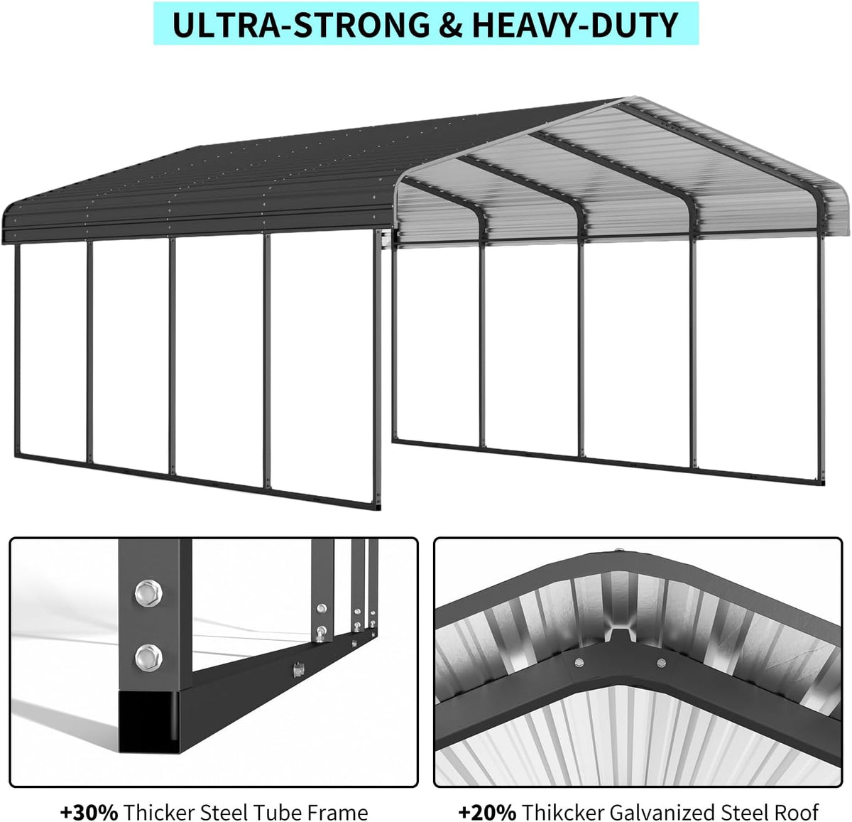 12x20 FT Metal Carport, Heavy Duty Car Port Canopy with Galvanized Steel Roof & Frame, Large Metal Carport Kit, Outdoor Car Garage, Steel Car Shelter for Car, Boat, Truck, Black