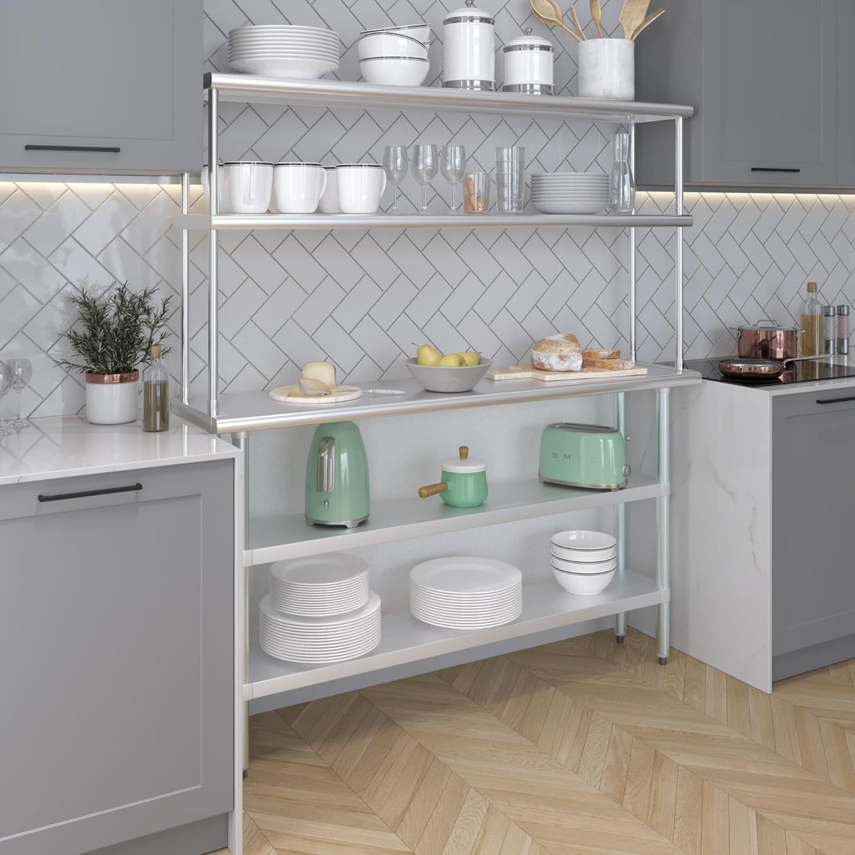 Amgood Stainless Steel Work Table with 2 Shelves | Metal Kitchen Prep Table & Shelving Combo (14" x 60" Table with 2 Shelves + 12" Overshelf)