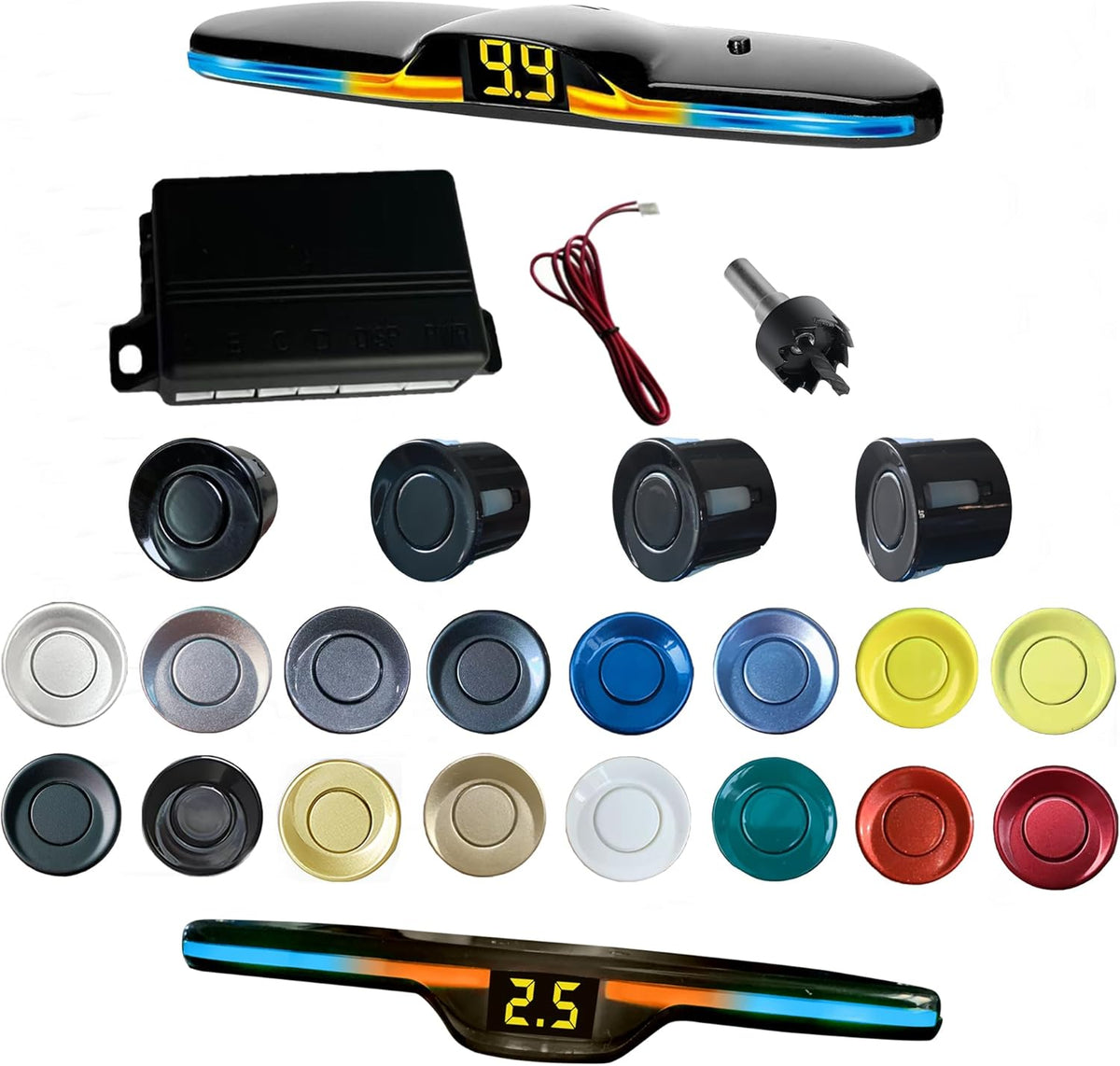 New Feature Rear Parking Sensor with Selectable Distance in Feet, Bidirectional Display Options, and Customizable Numeric Orientation（Silver Black）