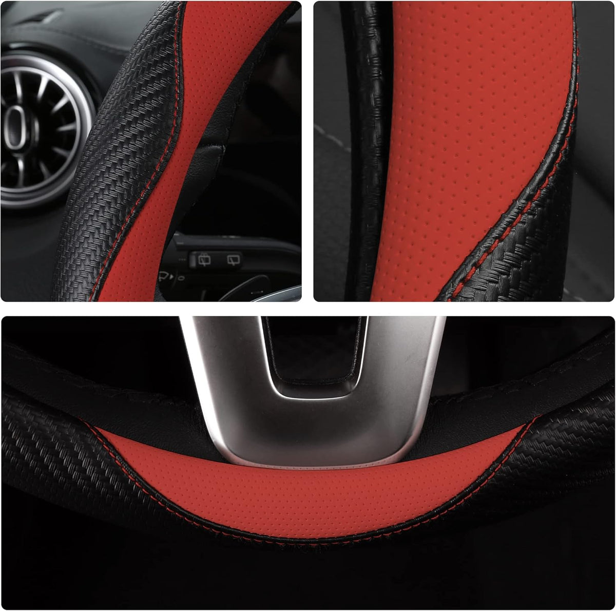 Car Steering Wheel Covers for Women Girl Padded Carbon Fiber PU Leather Cute Cartoon Auto Interior Accessories for Jeep, Truck, Universal, Anti Slip, Red, Large Size 15.5-16"(39-41cm)