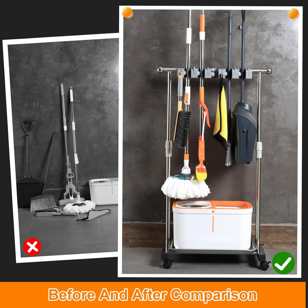Stainless Steel Mop and Broom Holder with Wheels - Keep Your Cleaning Tools Organized! (S)