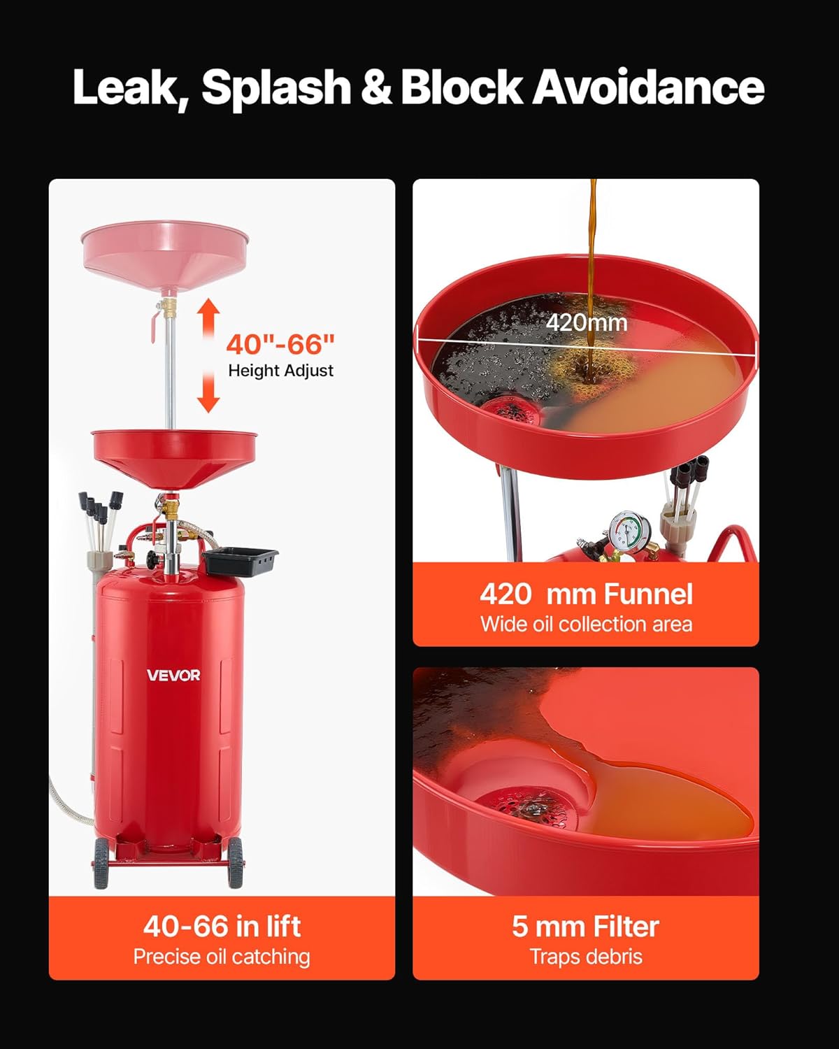 VEVOR 21 Gallon Waste Oil Drain Tank, Air Operated Portable Oil Drainer with Adjustable Funnel Height, Industrial Fluid Drain Tank with Wheels, Fluid Fuel Transfer Drainage for Auto Repair Shops, Red