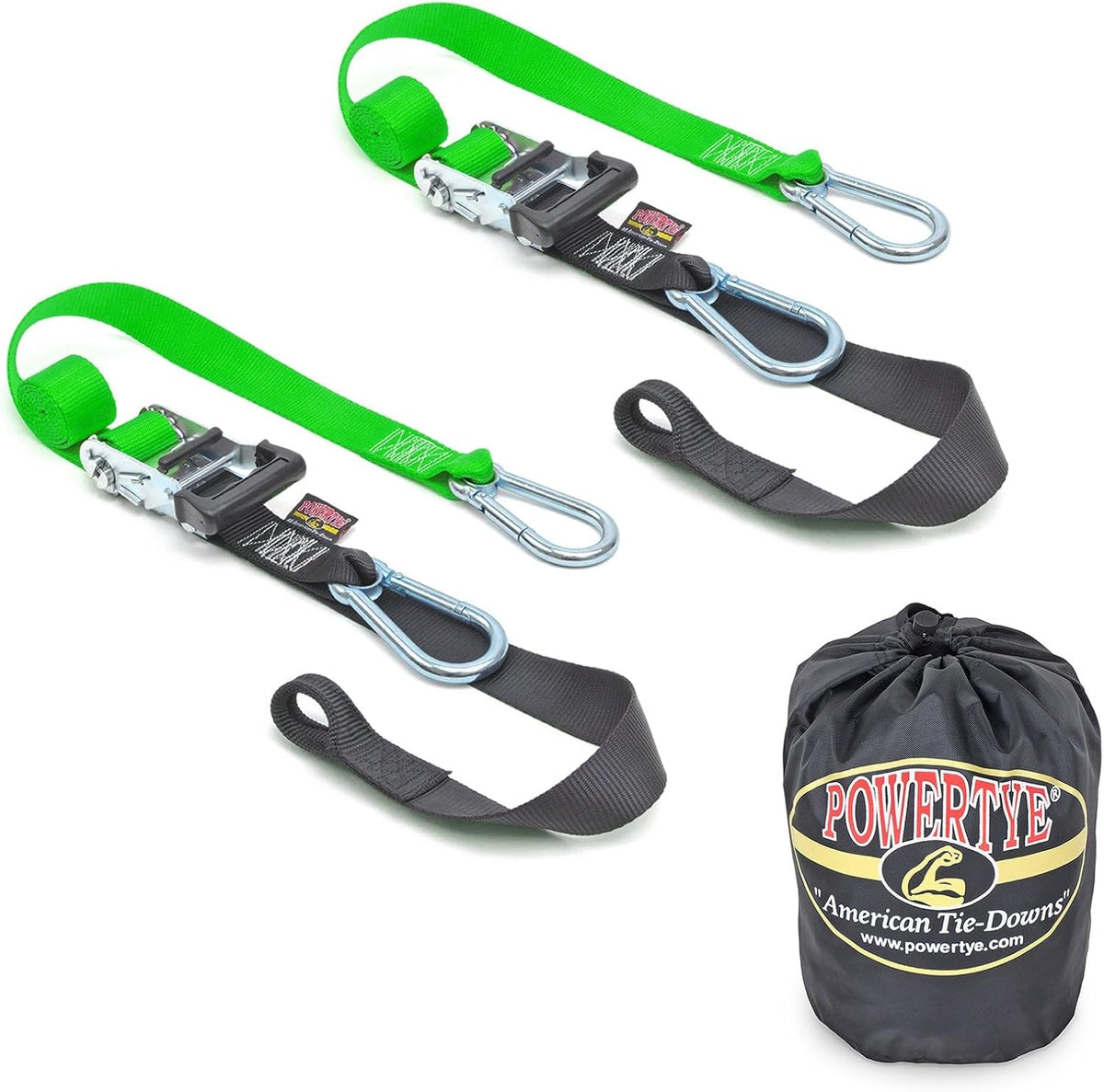 PowerTye - Made in USA - Heavy Duty Ratchet Tie Down Straps with Carabiner Hooks, Soft-Tye & Storage Bag, for Motorcycle, ATV, Trailer & Cargo, 1,000 lb WLL, 1.5 inch x 6.5ft Long, Green/Black (Pair)