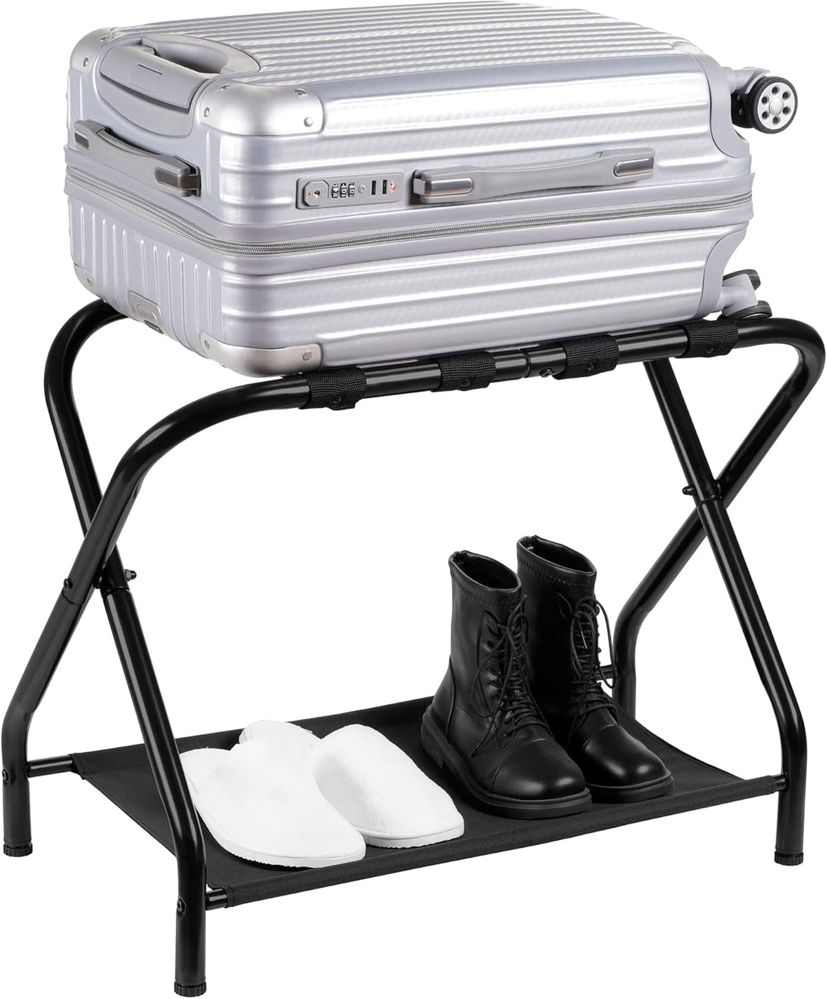 Heybly Luggage Rack, Pack of 2, Steel Folding Suitcase Stand with Storage Shelf for Bedroom, Hotel, Foldable Steel Frame, Guest Room Bedroom Hotel, 26.2" L x 14.4" W x 20.5" H, Black HLR004B2