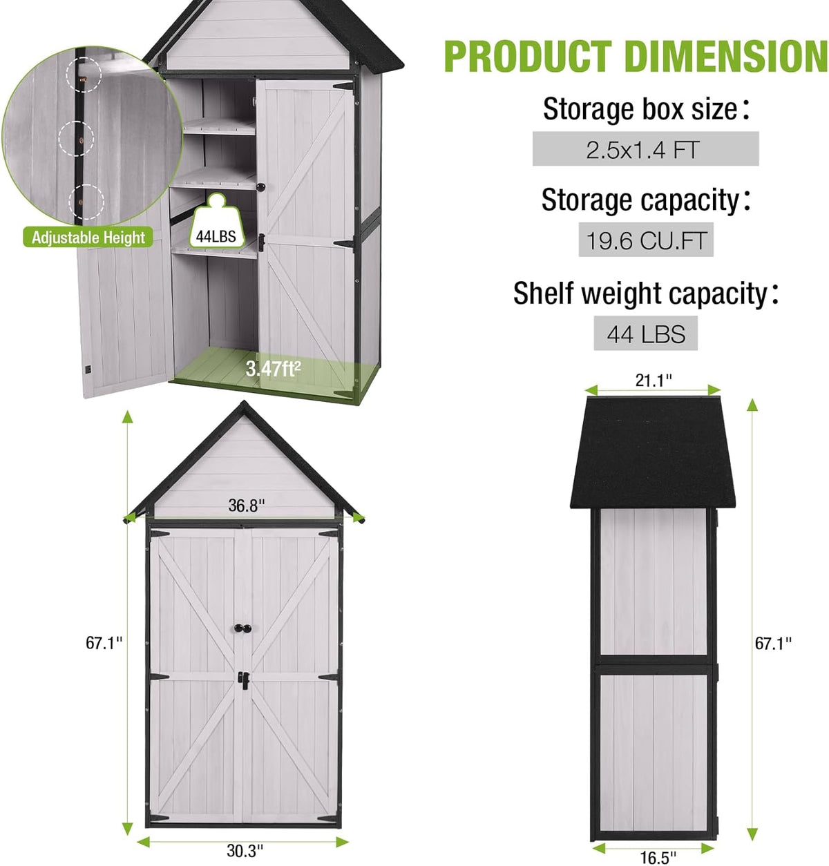 GUTINNEEN Sheds Outdoor Storage Wooden Garden Tool Shed with Metal Frame Sloped Roof and Adjustable 3 Tiers Shelves Outdoor Storage Cabinet for Backyard Garden Patio Lawn 67.1"(Off White)