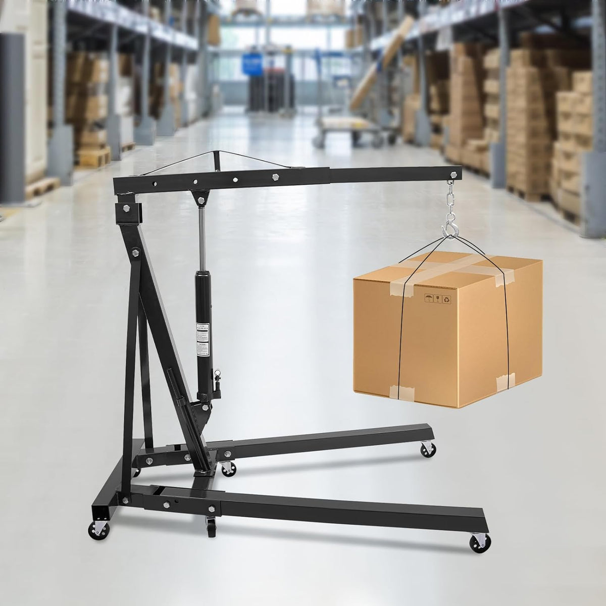 Folding Engine Crane 1 Ton Folding Engine Hoist 2200lbs Hydraulic Crane with 6 Iron Caster Wheels for Garage, Workshop (Black)