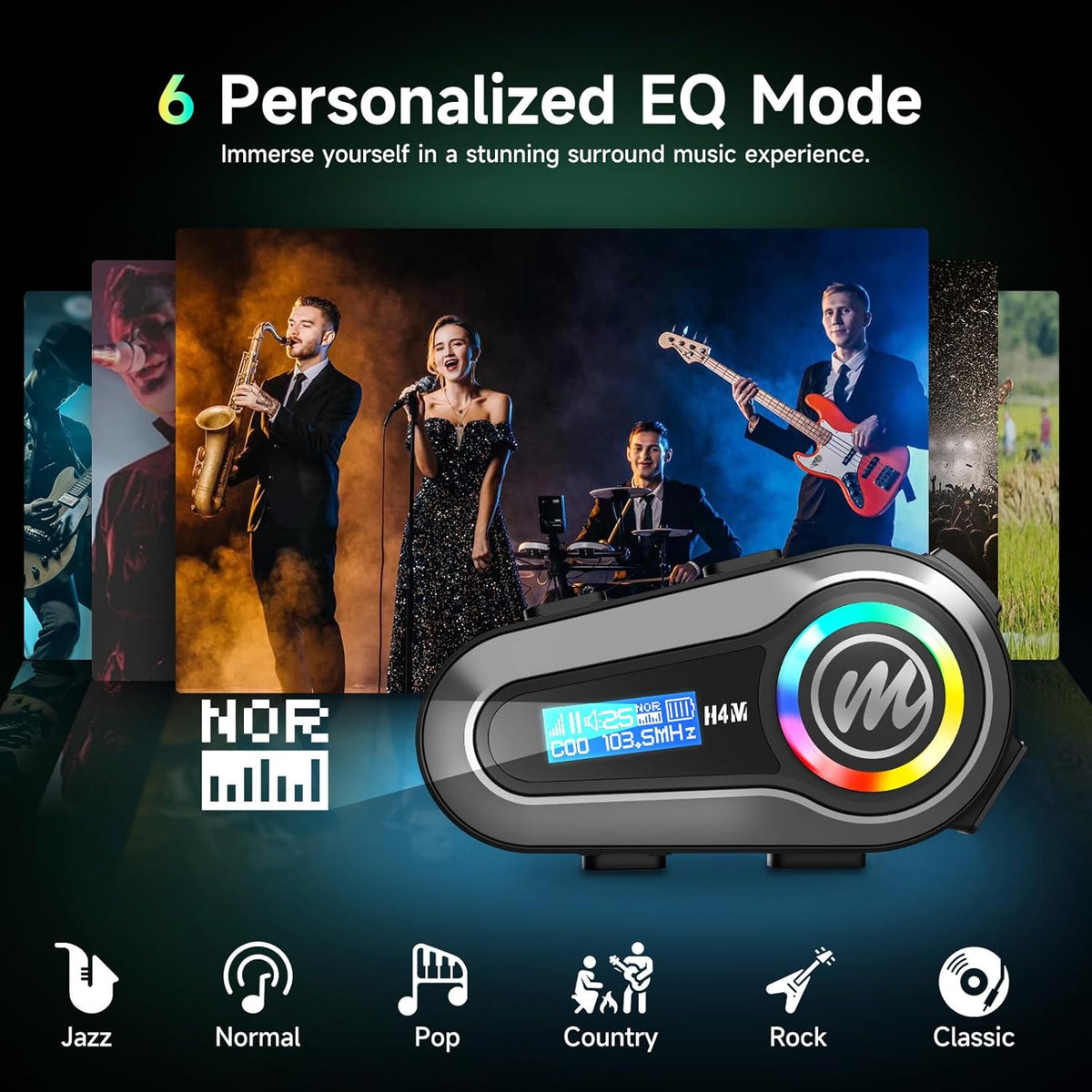 Moman Motorcycle Helmet Headset, H4M with 【LCD Screen & 6 EQ Sound】 Motorbike Helmet Speaker Single Person Use BT5.3 Headphone with HiFi Stereo FM Radio AI Voice Assitant IPX6 Waterproof