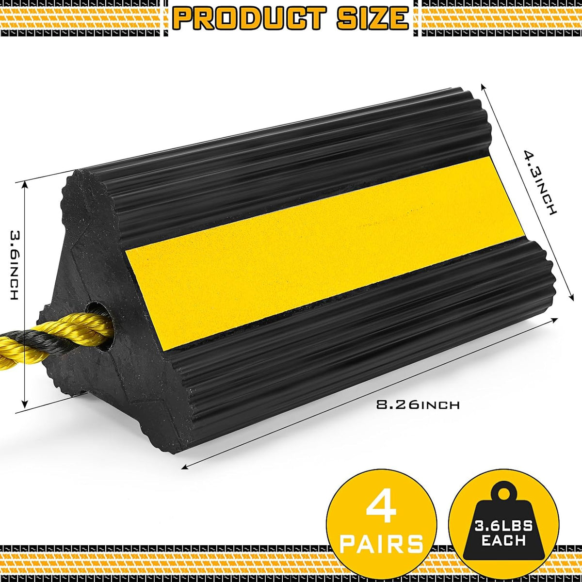 4 Pair Heavy Duty Wheel Chocks for RV Trailer, Rubber Wheel Stoppers, Dual Blocks, Non Slip Tire Chock with Nylon Rope Reflective Tape for RV Camper Travel Trailers Car Truck (Yellow)