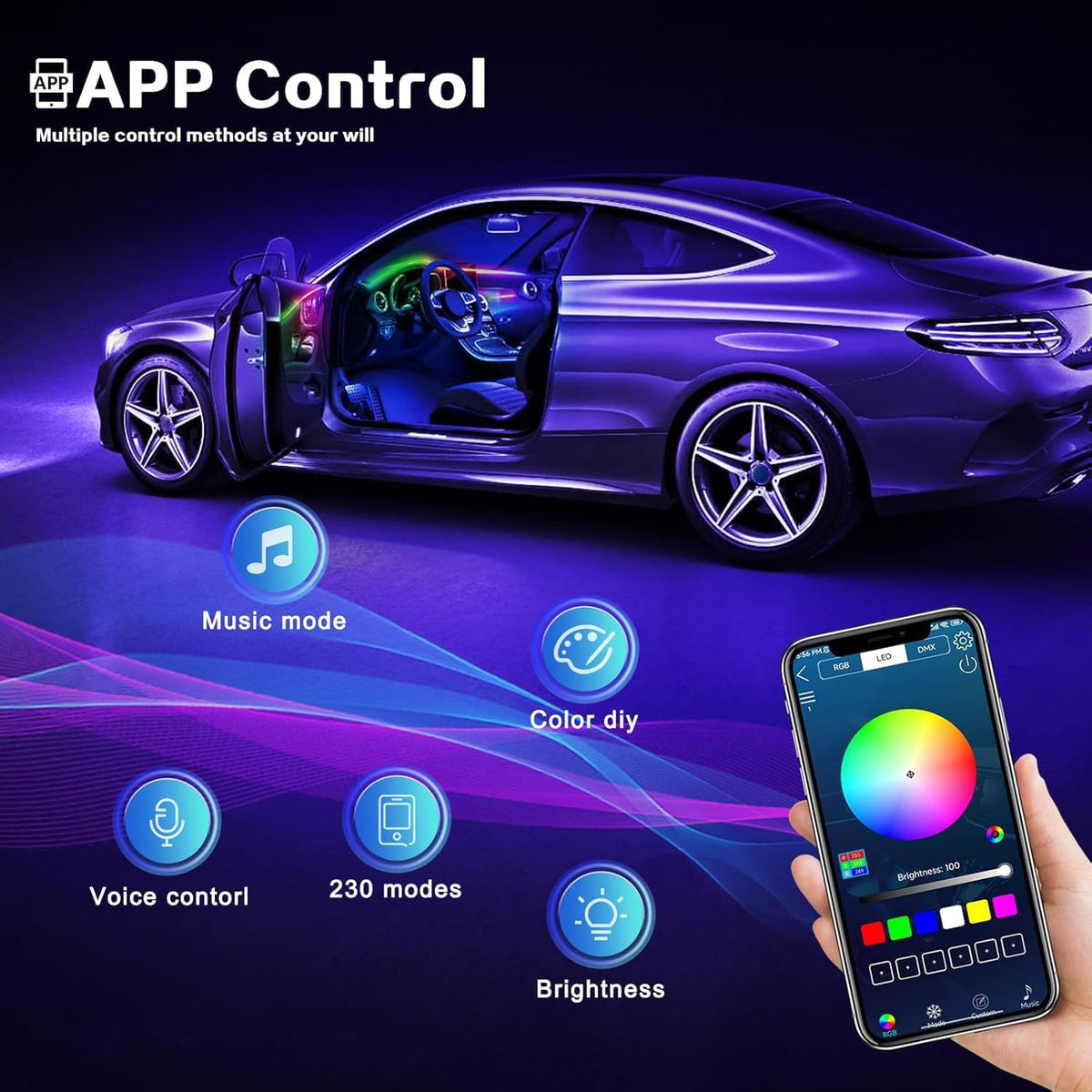Dream+Color Acrylic Interior Car LED Strip Light with APP, RGB 22 in 1 with 175 inches 600 LEDs Fiber Optic Ambient Lighting Kits, Dynamic Chasing Music Sync Neon LED Strip for Car Accessories